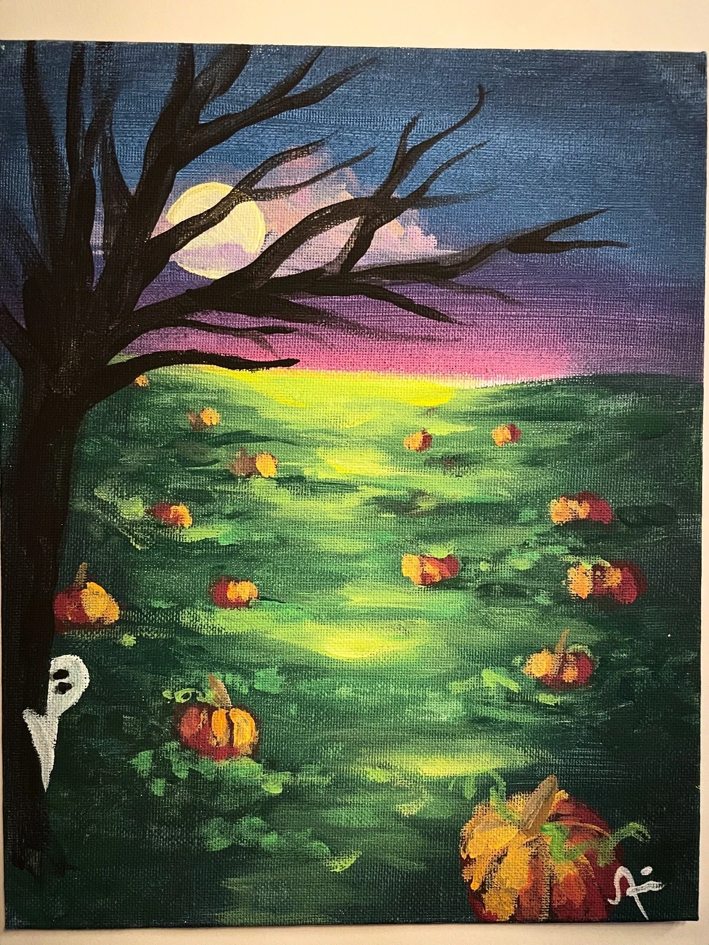 A landscape painting of a pumpkin patch at sunset with a large, leafless tree in the foreground, a glowing horizon, and orange pumpkins scattered across green grass.