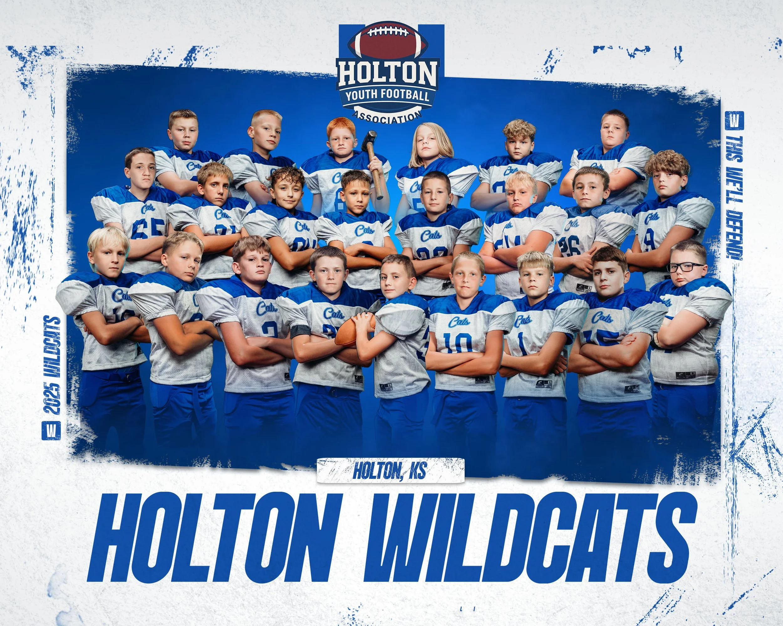 Group photo of the Holton Wildcats youth football team in uniforms, posing with arms crossed, on a blue background with team and event information on the border.