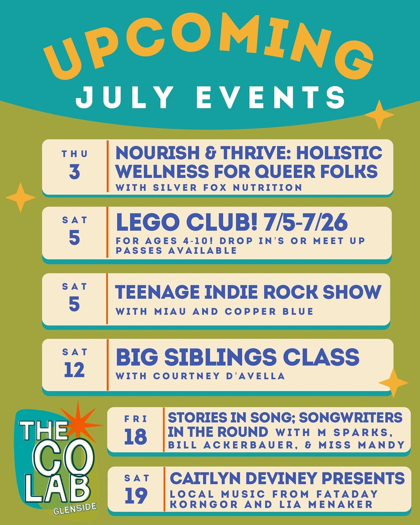 It&rsquo;s almost July!! Check out our calendar of upcoming events in the next few weeks 🎉

🍉 7/3 &bull; Nourish &amp; Thrive: Holistic Wellness for Queer Folks with @silverfox_nutrition
💛 7/5, 7/12, 7/19, 7/26 &bull; Lego Club for ages 4-10
🤘 7/