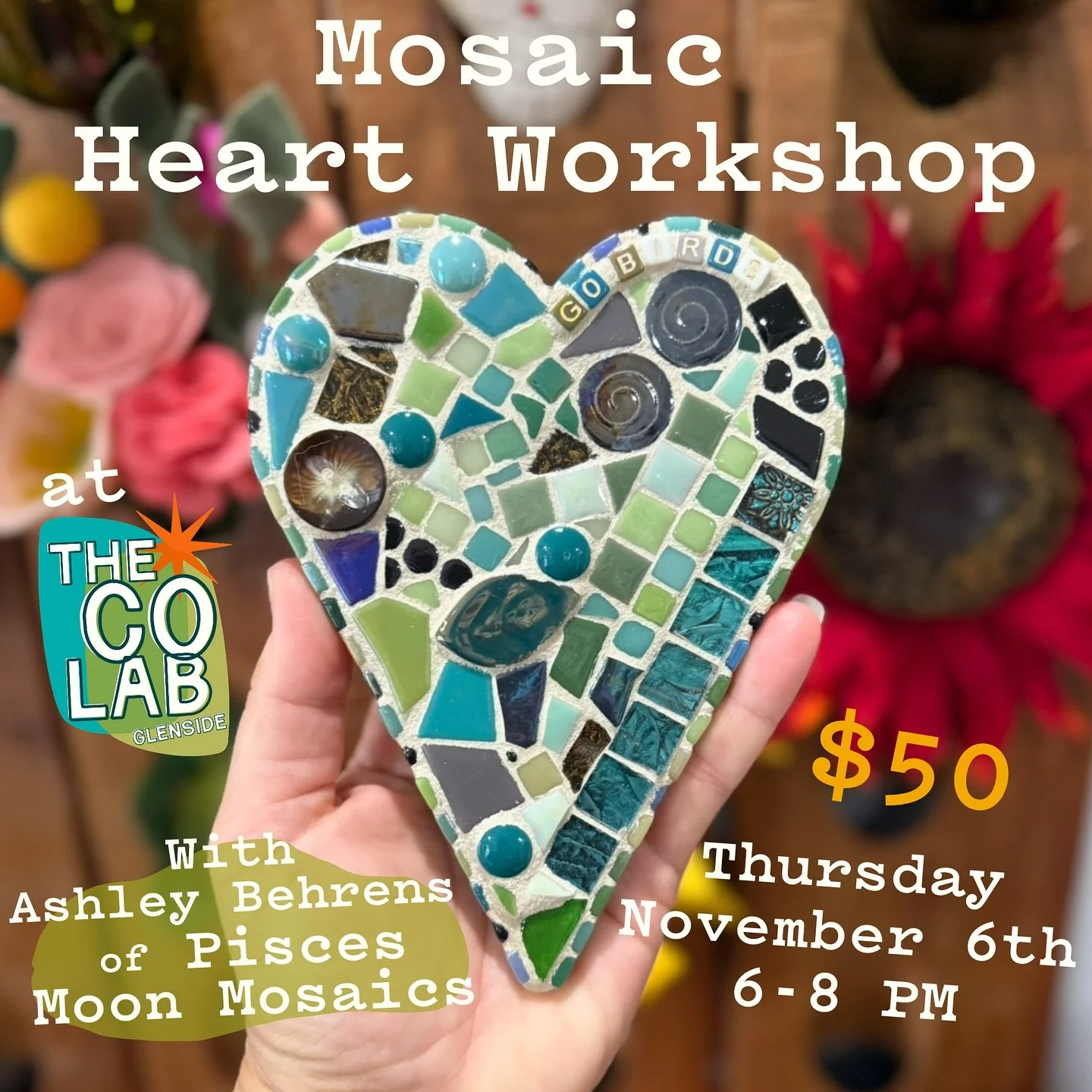 Very excited to have Ashley of @piscesmoonmosaics back in November &amp; December for two mosaic workshops! Get creative and learn the art of mosaic! Whether you&rsquo;re new to mosaics or just looking for a cozy, creative night out, these workshops 
