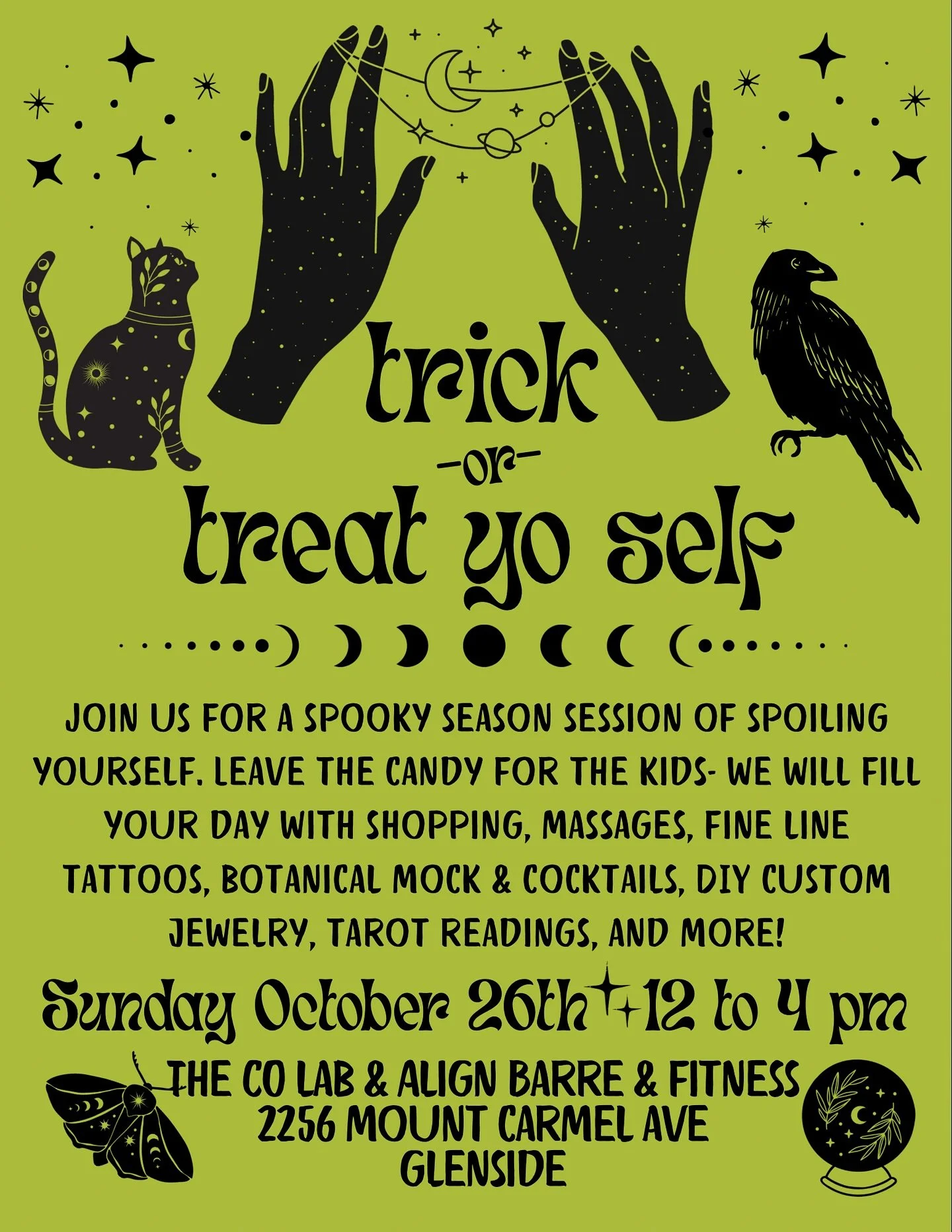 One week until our Trick or Treat Yo Self event!!! Come out on Sunday 10/26 from 12-4pm for these spook-tacular offerings from incredible local small businesses ๐ฎ 
๐ธ๏ธ @blooming.beauty.studio scary gorgeous Fine Line Tattoos (check out Ally’s