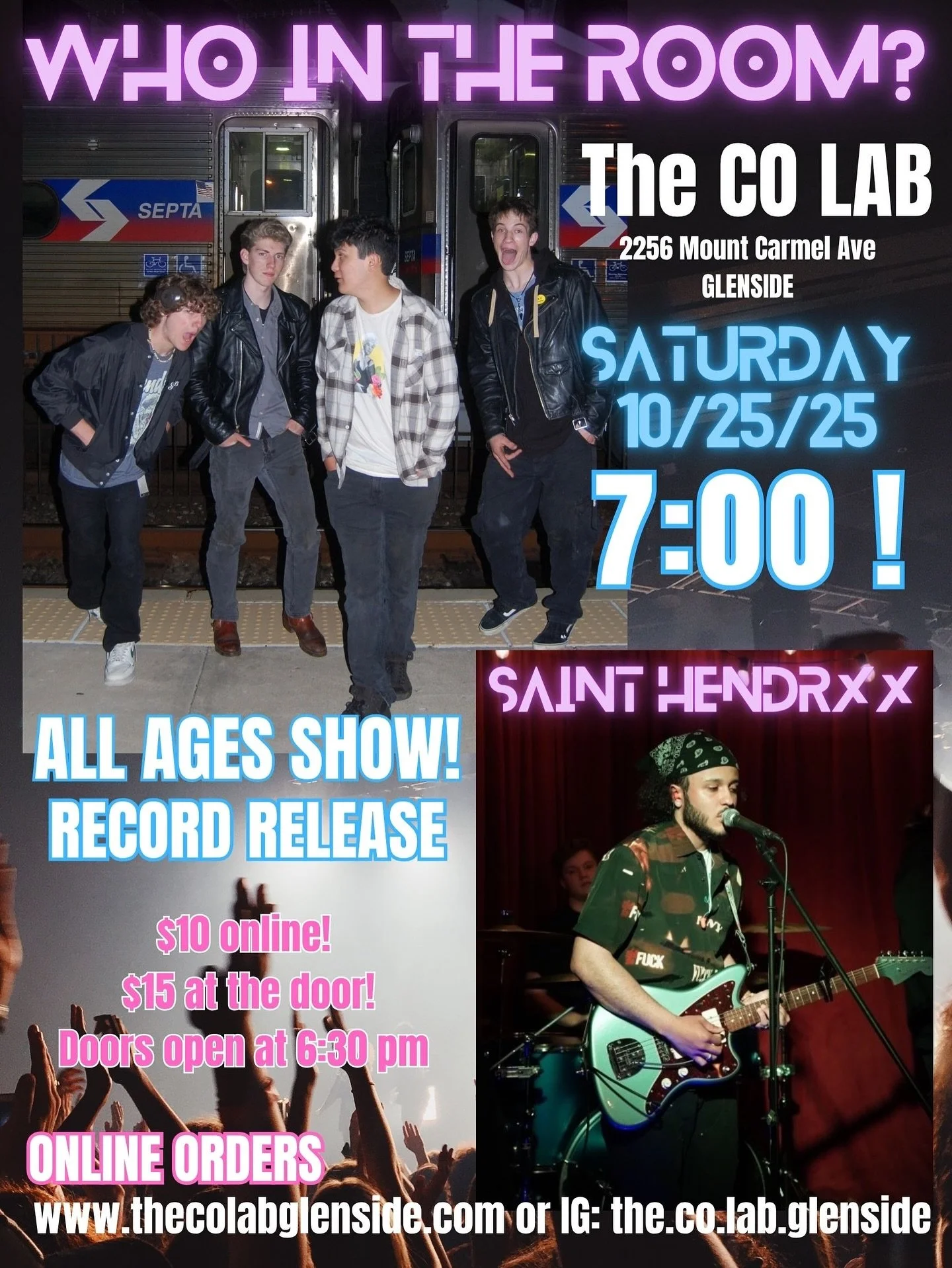 Our ‘house band’ @who_in_the_room is back this Saturday with @sainthendrxx for an all ages show ๐ค 
Doors at 6:30 pm / Show at 7 pm / $10 advance tickets / $15 day of show 
More about the bands ->
Who In The Room? is a Philadelphia a