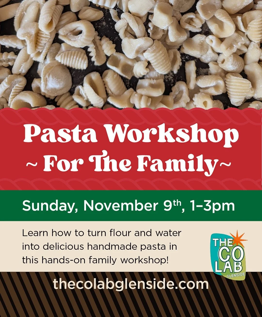 Space is filling up for the Family Pasta Workshop on Sunday November 9th! Want to learn how to turn just flour and water into delicious handmade pasta?! You can with no fancy equipment or ingredients needed! Kristine will guide you through making cla