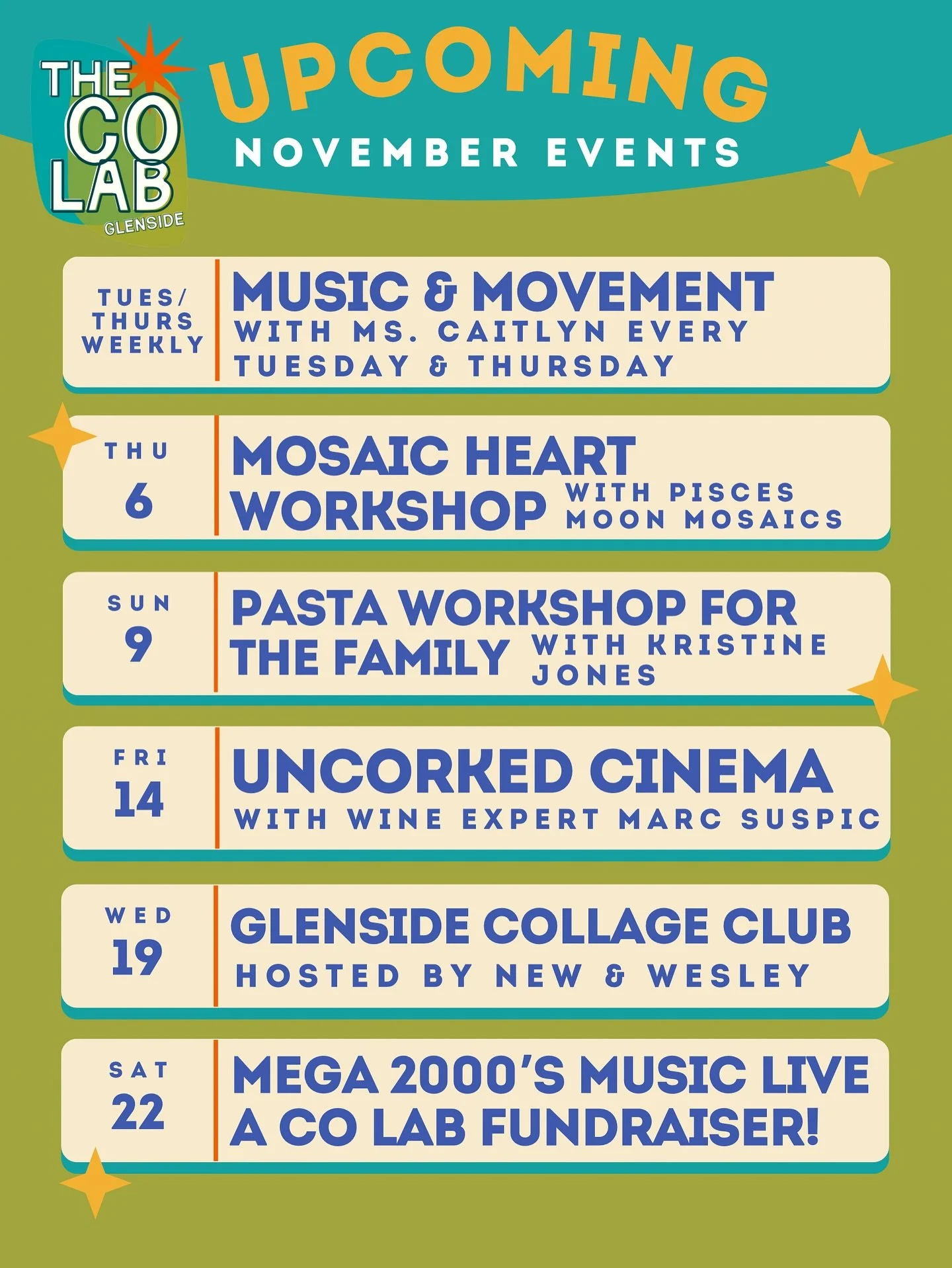 November is chock full of really cool events here at The CO Lab! Lots of things for literally ALL ages - check out these wonderful offerings from folks in our community 👇 

Tuesdays &amp; Thursdays 🎶 Music &amp; Movement with Ms. Caitlyn &amp; Ms. 