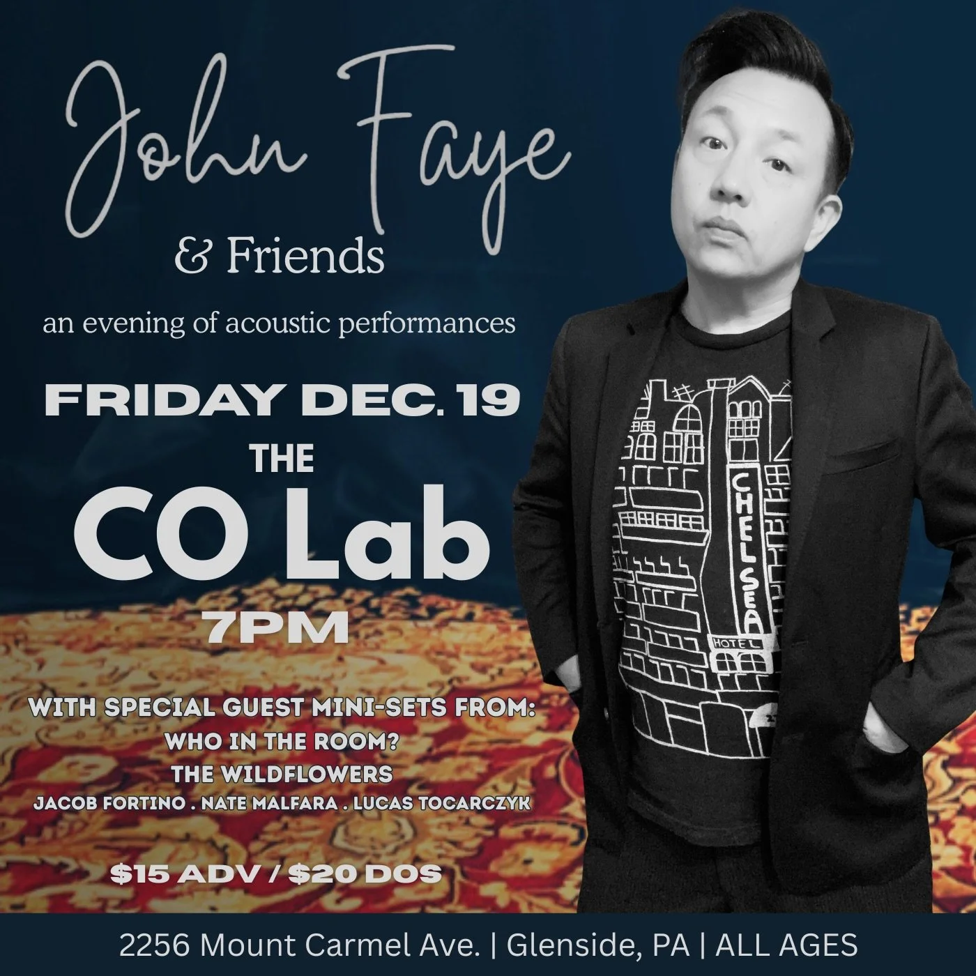 Join us on Friday December 19th to enjoy live music with John Faye &amp; Friends! An evening of acoustic performances from @johnkimfaye @who_in_the_room @the.wildflowers_band @natemalfara @fortino.jacob13 

$15 advance tickets / $20 day of show / Doo
