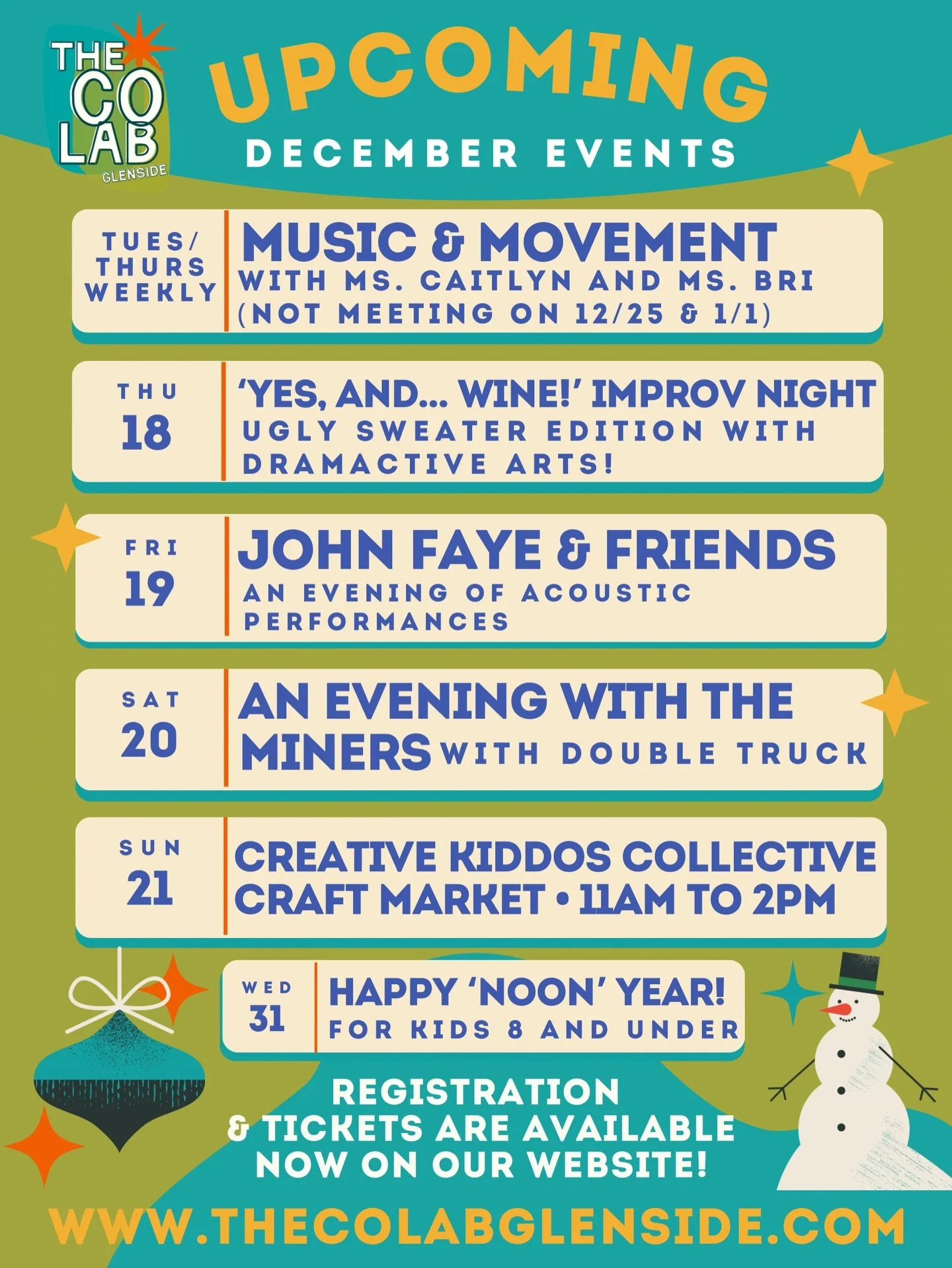 We&rsquo;re 16 days away from the New Year and we still have lots of fun events here at The CO Lab! All tickets &amp; registration are available on our website ⭐

🎻 Tuesdays &amp; Thursdays &bull; Music &amp; Movement with Ms. Caitlyn and Ms. Bri (n