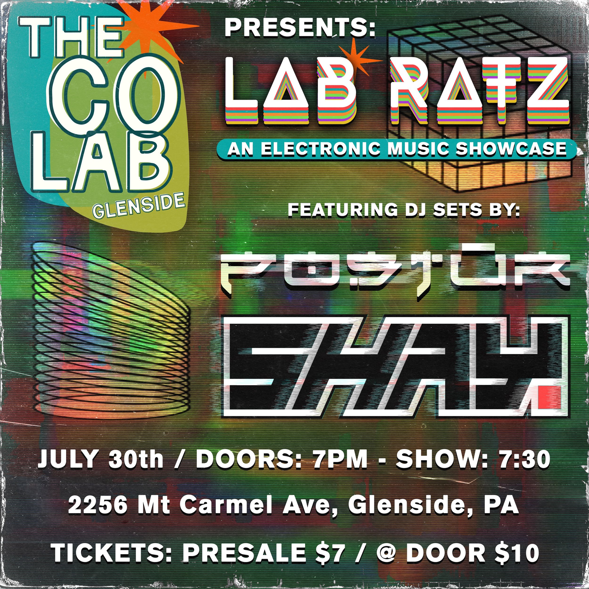 On July 30th come out for LAB RATZ electronic music showcase featuring @postur.wav &amp; @shadymonk_official 🌀Doors at 7 / music at 7:30 / $7 presale / $10 at the door / all ages

More about the dj&rsquo;s 🎧
Postur &bull;&bull;&bull; Hailing from P