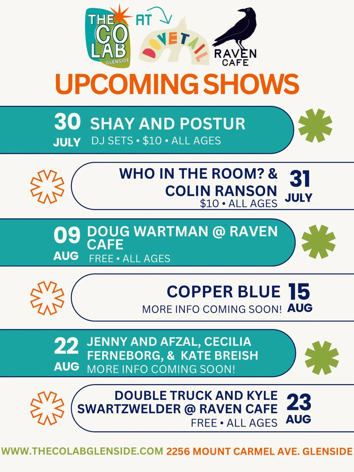 We&rsquo;re excited to announce lots of music shows are popping up in the space! Hope you can join us for some incredible live musicians in an intimate setting at @the.dovetail.glenside &amp; @ravencafe.glenside 💛 

Tickets &amp; more info are on ou
