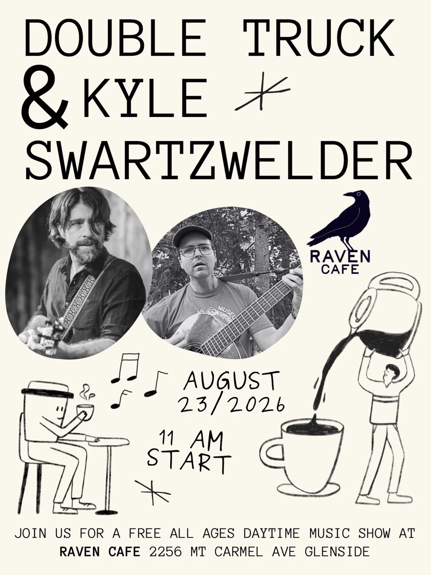 On Sunday 8/23 we&rsquo;re having another FREE daytime music show at Raven Cafe! Stop by for a coffee, tea, &amp; snack and listen to @doubletruckdoubletruck &amp; @kyleswartzwelder play some live tunes. Stop by at 11, music goes until 2ish ☕ 

All a