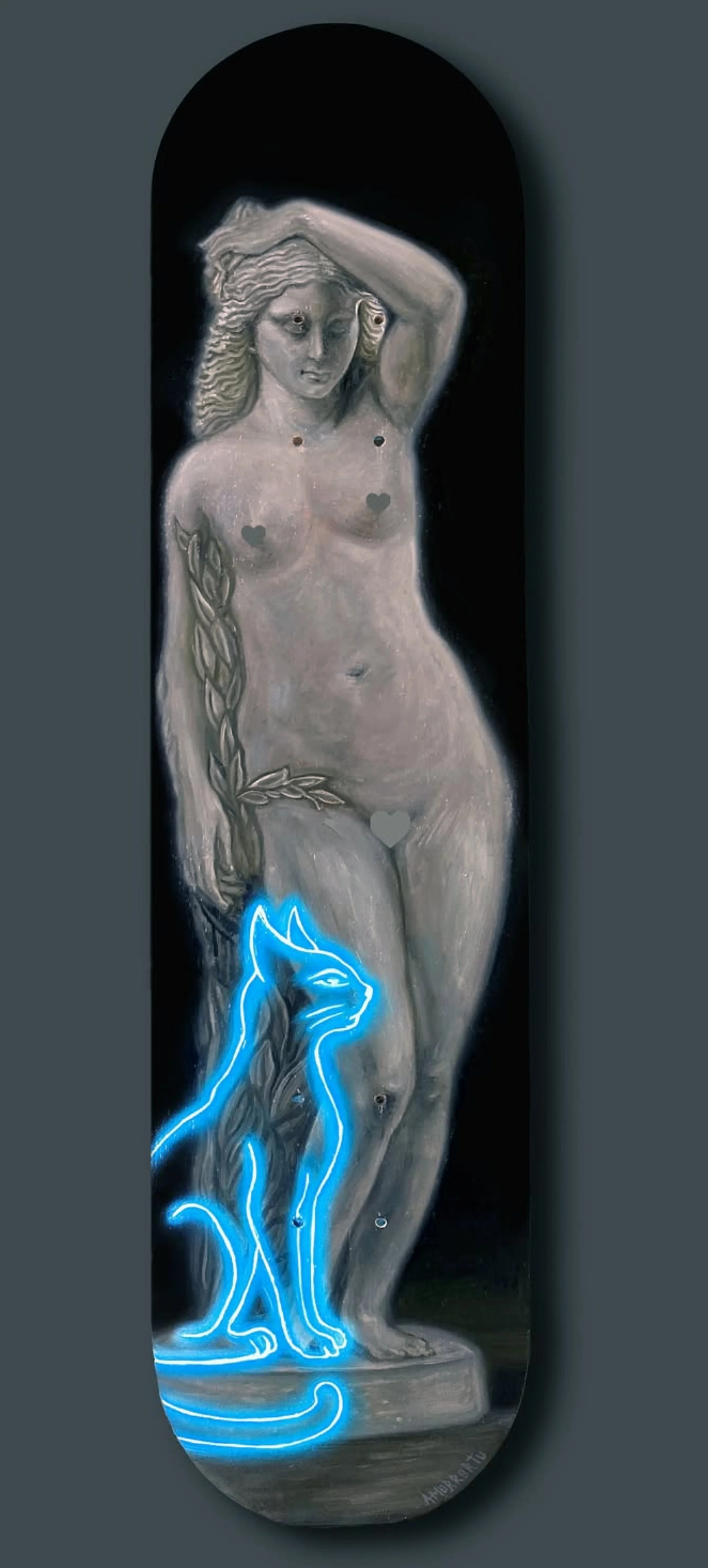 "Daphne & The Guardian", Oil 8.8x32 Wood. 
