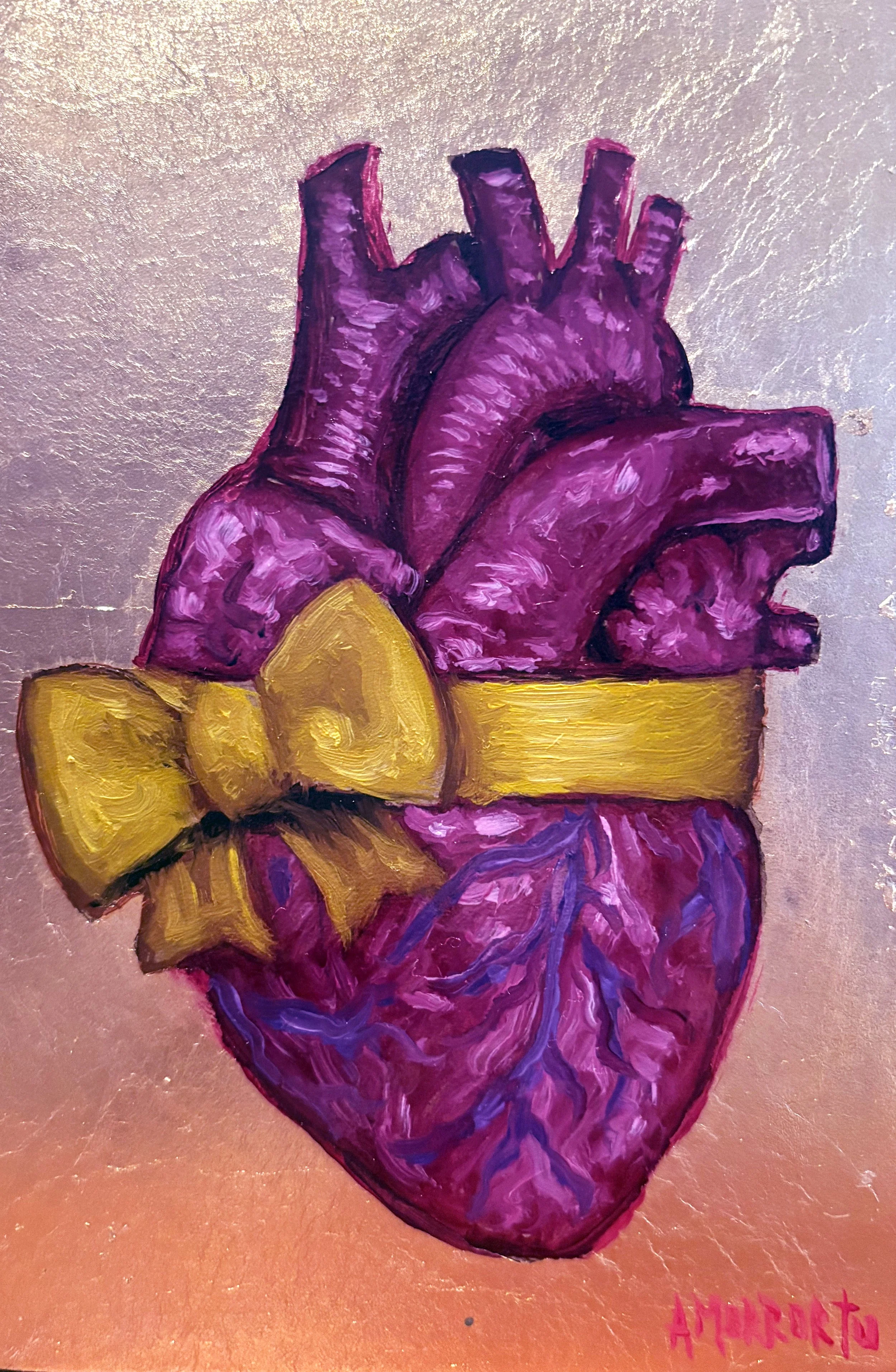 "Heart w/ Ribbon", Oil & Gold leaf 5"x7" wood. Sold.