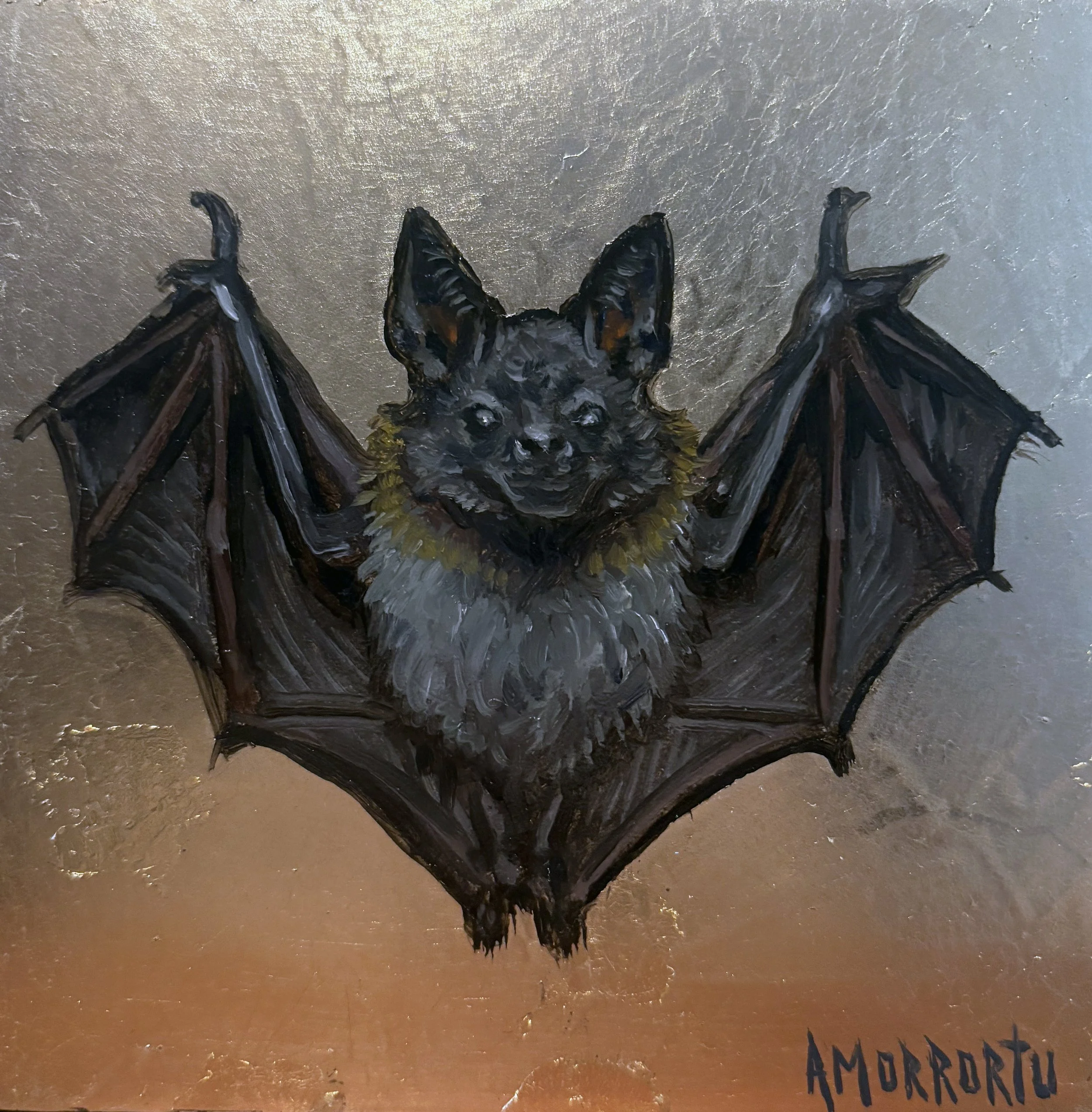 "Bat", Oil & Gold leaf 8"x8" wood. Sold.