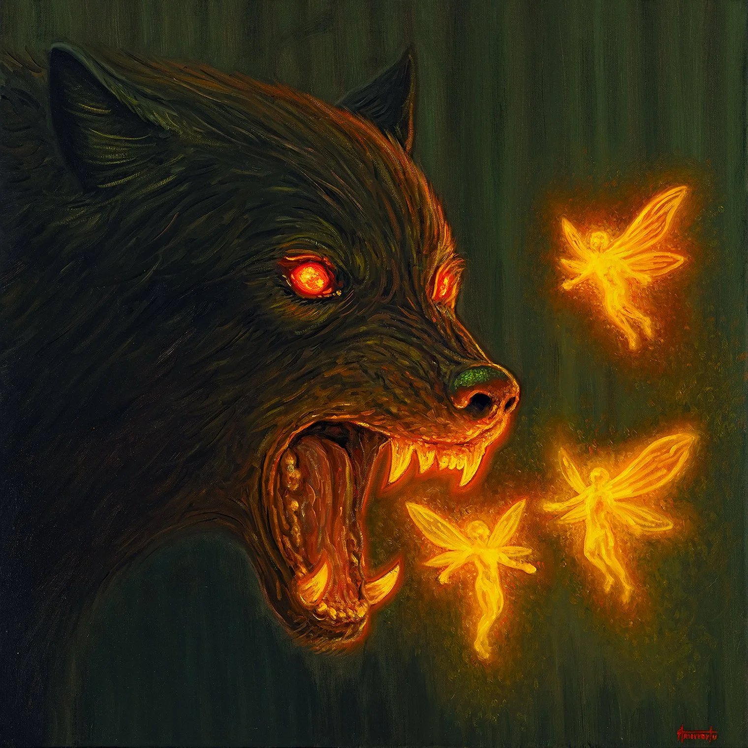"Keep the Wolves Away", Oil 24x24 Wood. Sold.