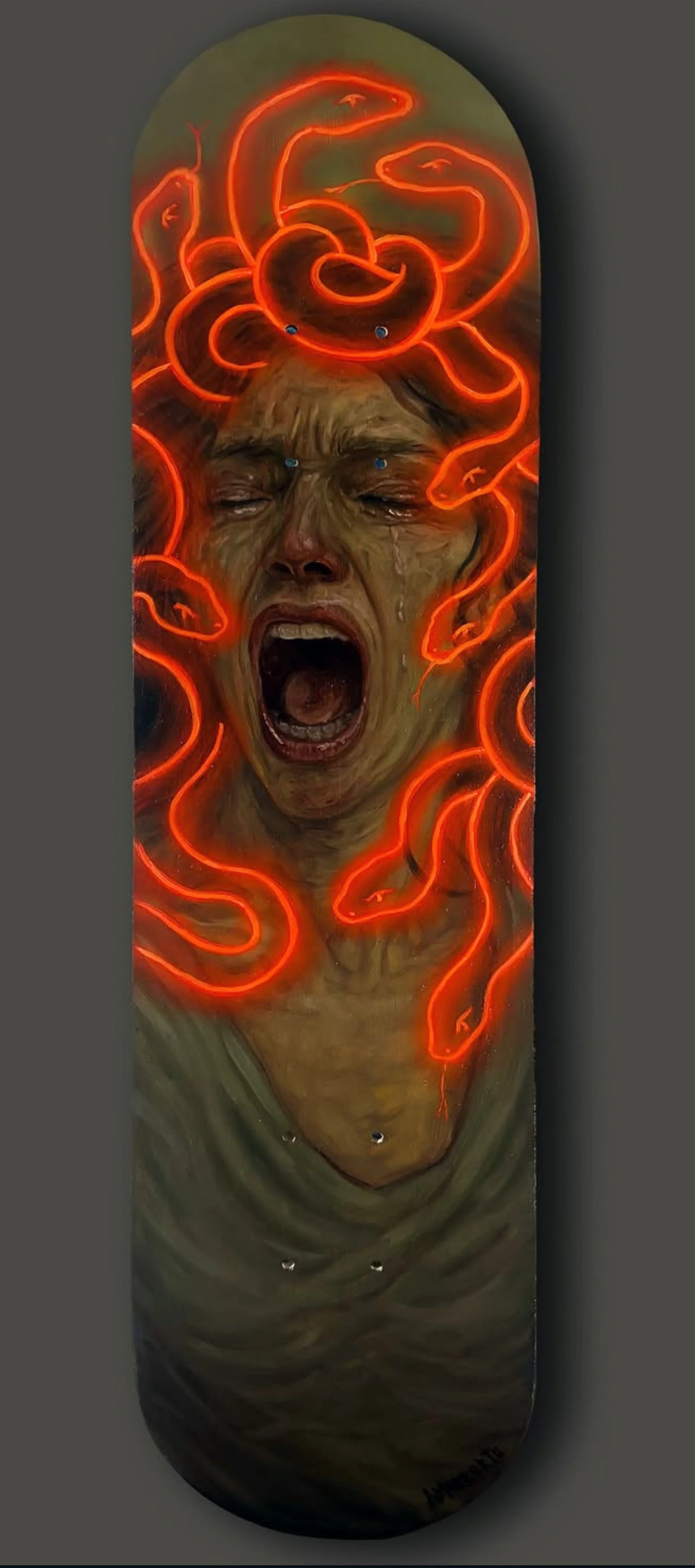 "Medusa (The Gorgon)", Oil 8.5x 32 Skate Deck. Sold