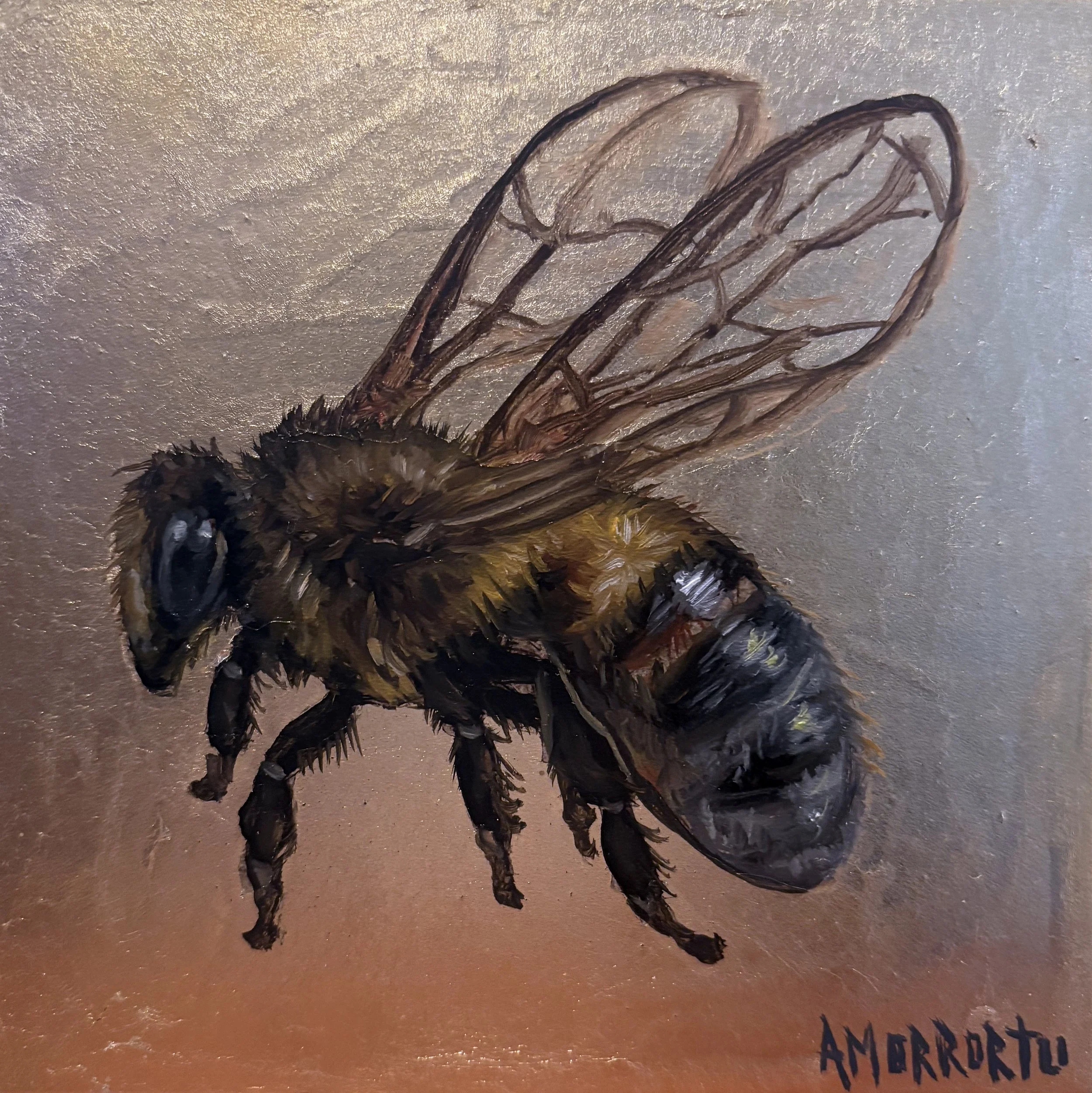 "Bee", Oil & Gold leaf 8"x8" wood. Sold.