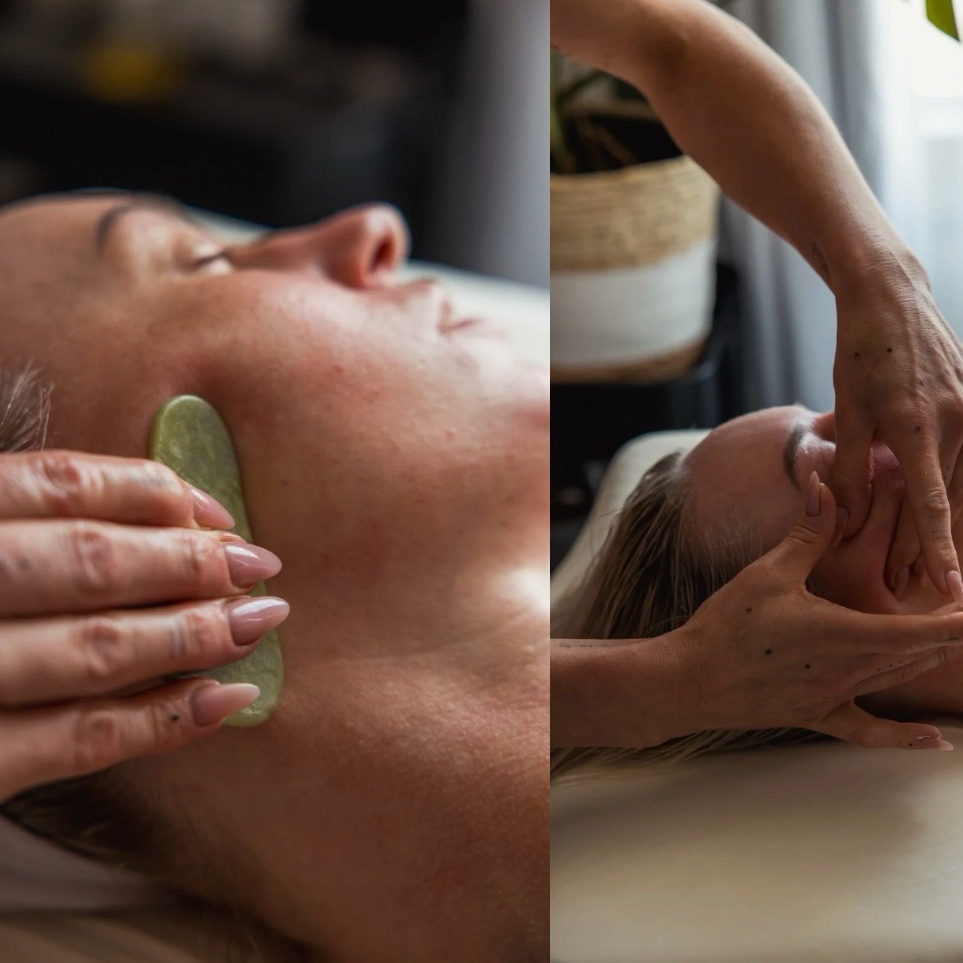 After swiping through to the last slide, your jaw will already start to feel lighter. Our Sculpting facials utilize slow massage techniques and gua sha to naturally drain your face, following the same path as your lymph nodes. Botox-like results, wit
