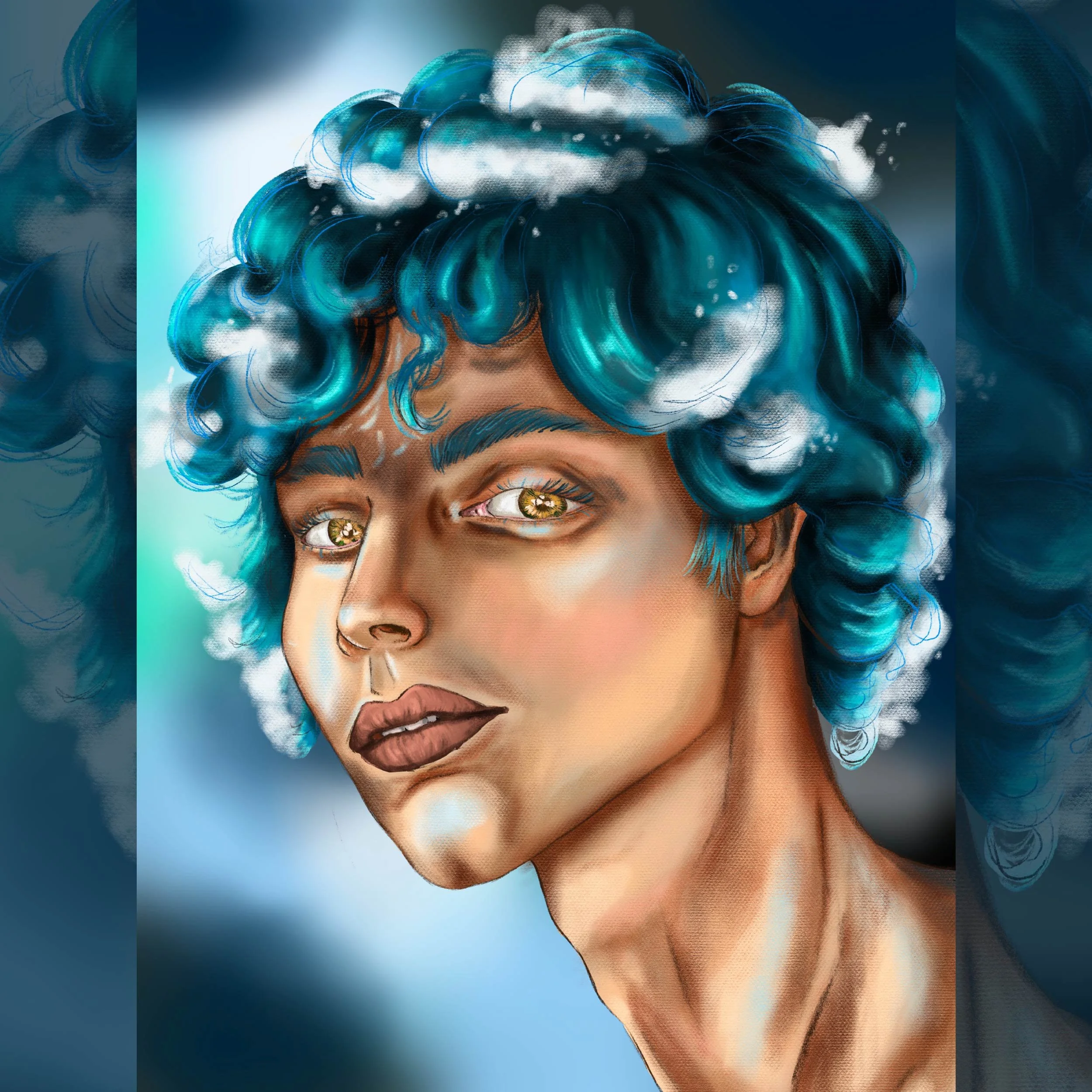 Digital artwork of a woman with curly blue hair and hazel eyes, with clouds in her hair and a blurred background.