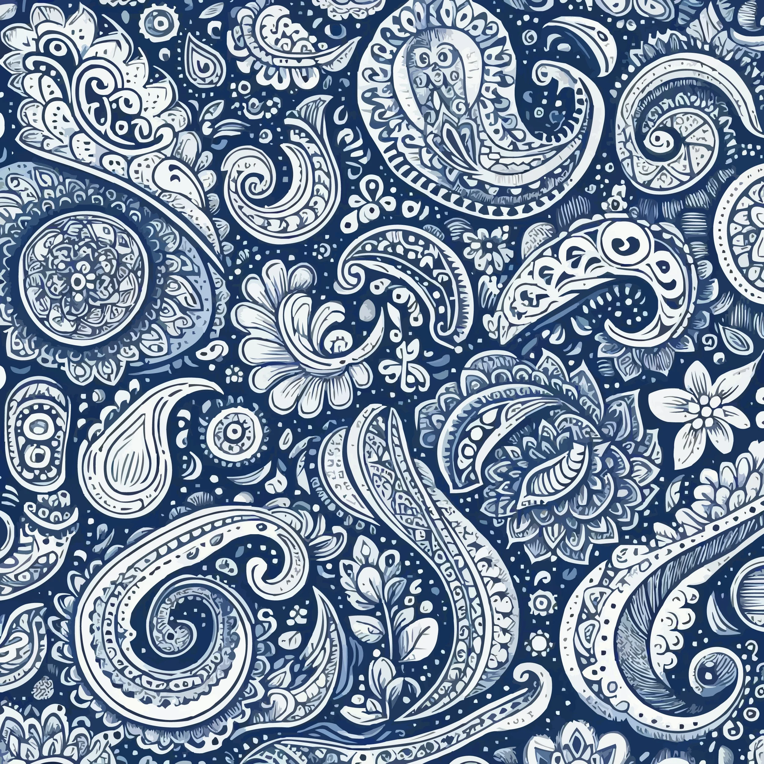 An AI generated paisley pattern. The generated image lacks the clean lines and shapes characteristic of this pattern. In multiple areas, the lines of the pattern fade, waver, and wander.