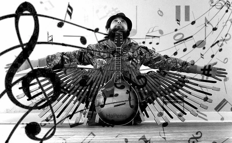 Person with outstretched arms, wearing a patterned jacket and a hat, holding a guitar, with musical notes and symbols floating around in a surreal, artistic setting.