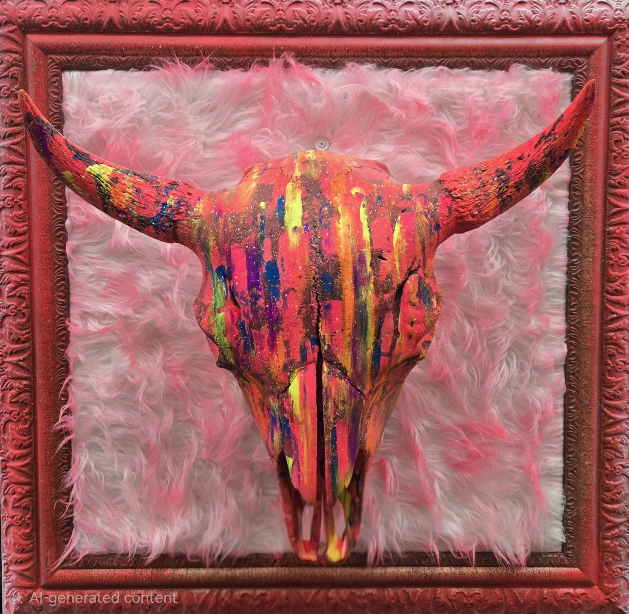 Colorful, abstract bison skull art mounted on a pink cotton background within an ornate red frame. unique mixed media