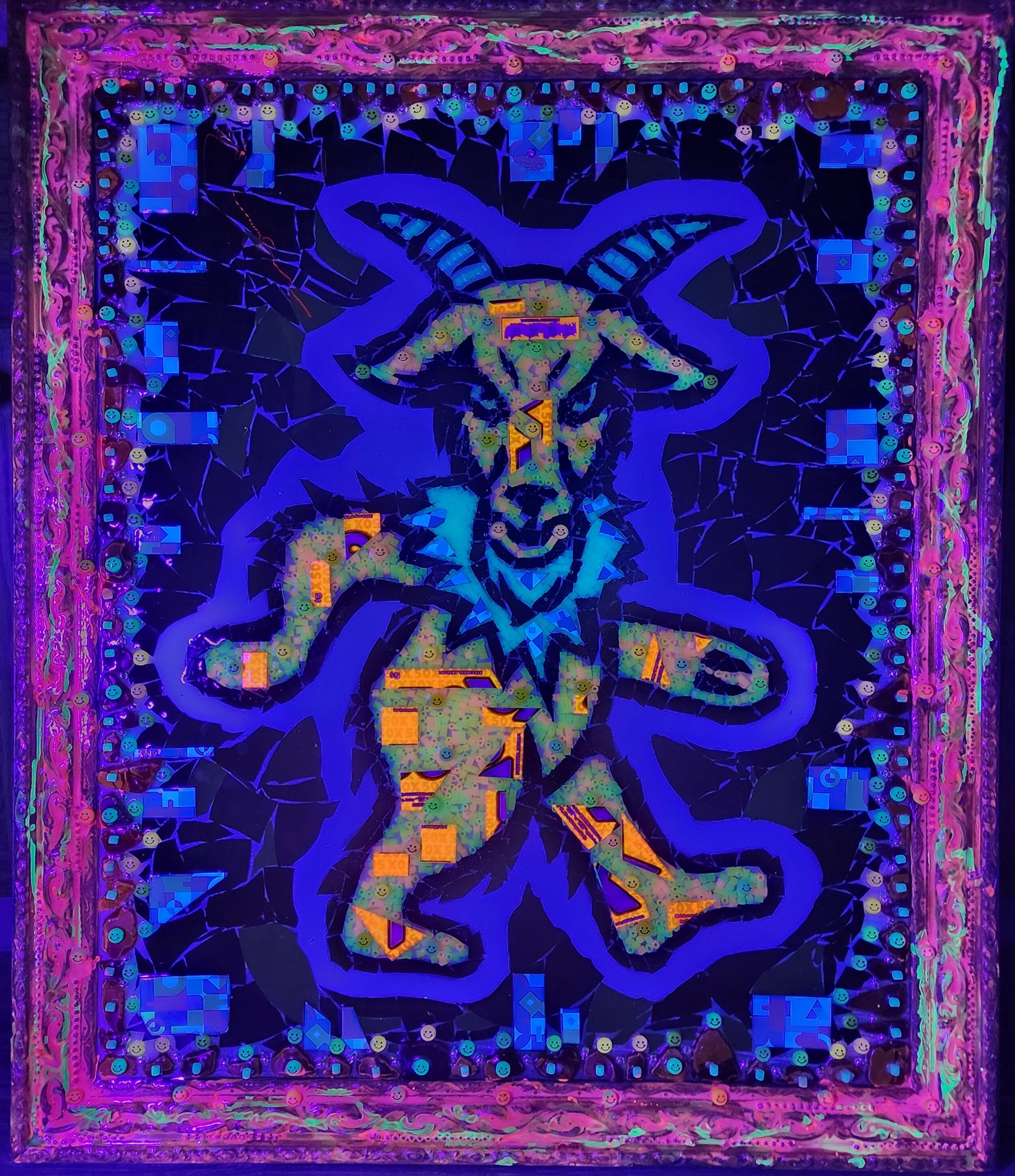 A colorful, neon-lit mosaic artwork featuring a stylized goat with a face, horns, and flames. The image is surrounded by a decorative, multicolored border with small smiley face and geometric patterns. Billy Strings. BMFS. Black light.