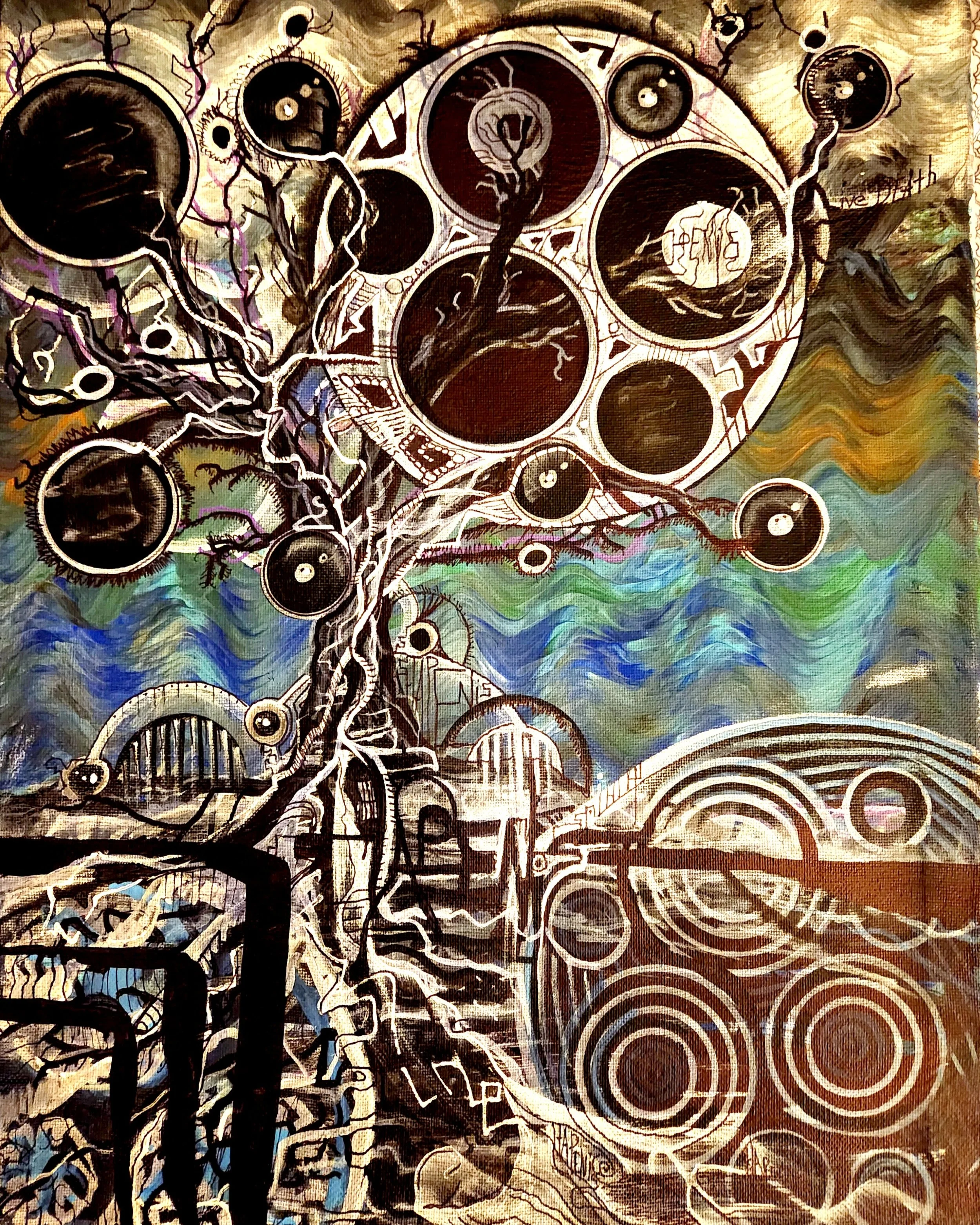An abstract painting featuring a tree with circular patterns and interconnected branches. Colorful wavy background with mountain-like shapes and industrial elements like pipes and arches.