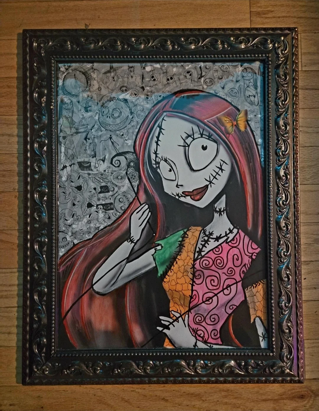 Colorful drawing of Sally Skelington  from 'The Nightmare Before Christmas', holding a lock of her hair, wearing clothes with various patterns, with a small butterfly on her head, surrounded by a collage of sketches and doodles in the background.