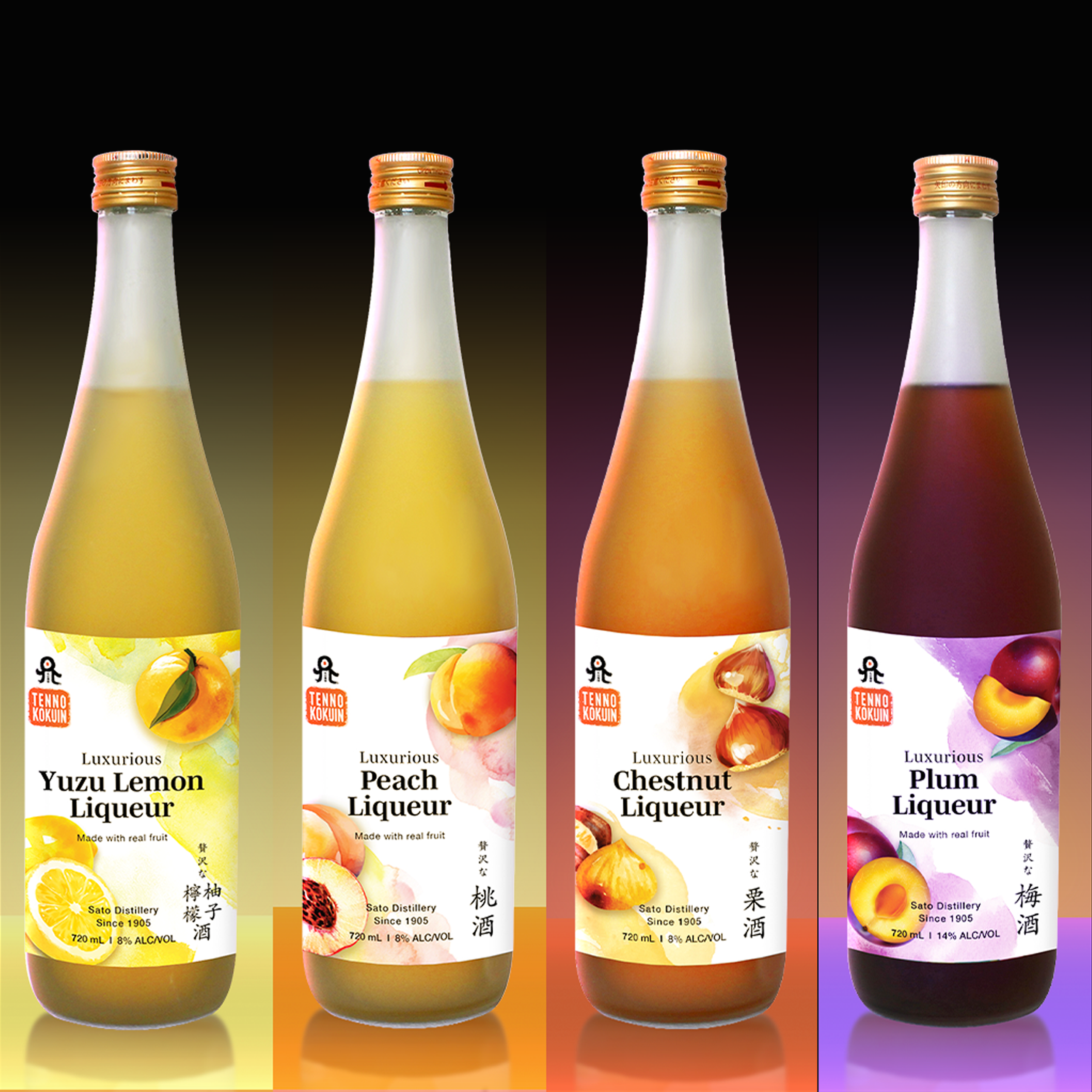 Four bottles of Tenno Kokuin flavored liqueur, each with colorful labels depicting fruits: yuzu, peach, chestnut, and plum, against a black background with a gradient reflection.