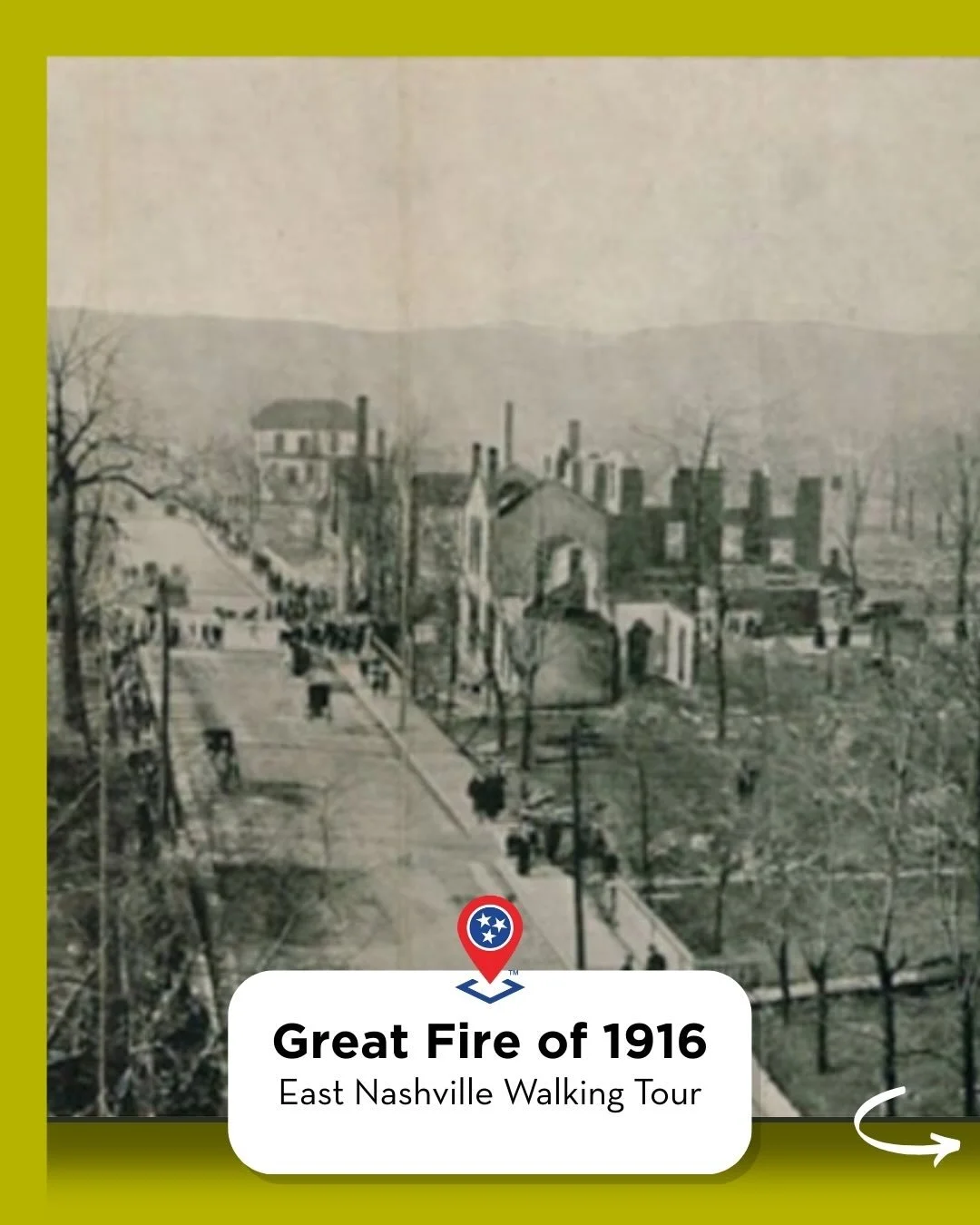 On March 22, 1916, a fire ignited in East Nashville and quickly spread through strong winds. In just five hours, more than sixty acres burned, destroying over thirty five city blocks and hundreds of homes, churches, and schools.
The Great East Nashvi