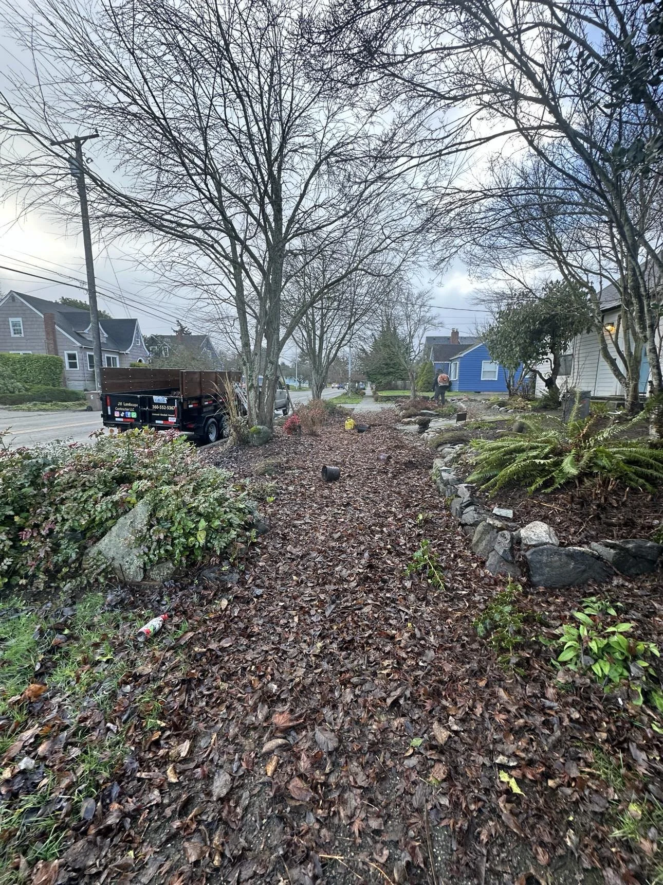 A residential front yard with a leaf-covered pathway, leafless trees, bushes, a rock border, and houses on a cloudy day.