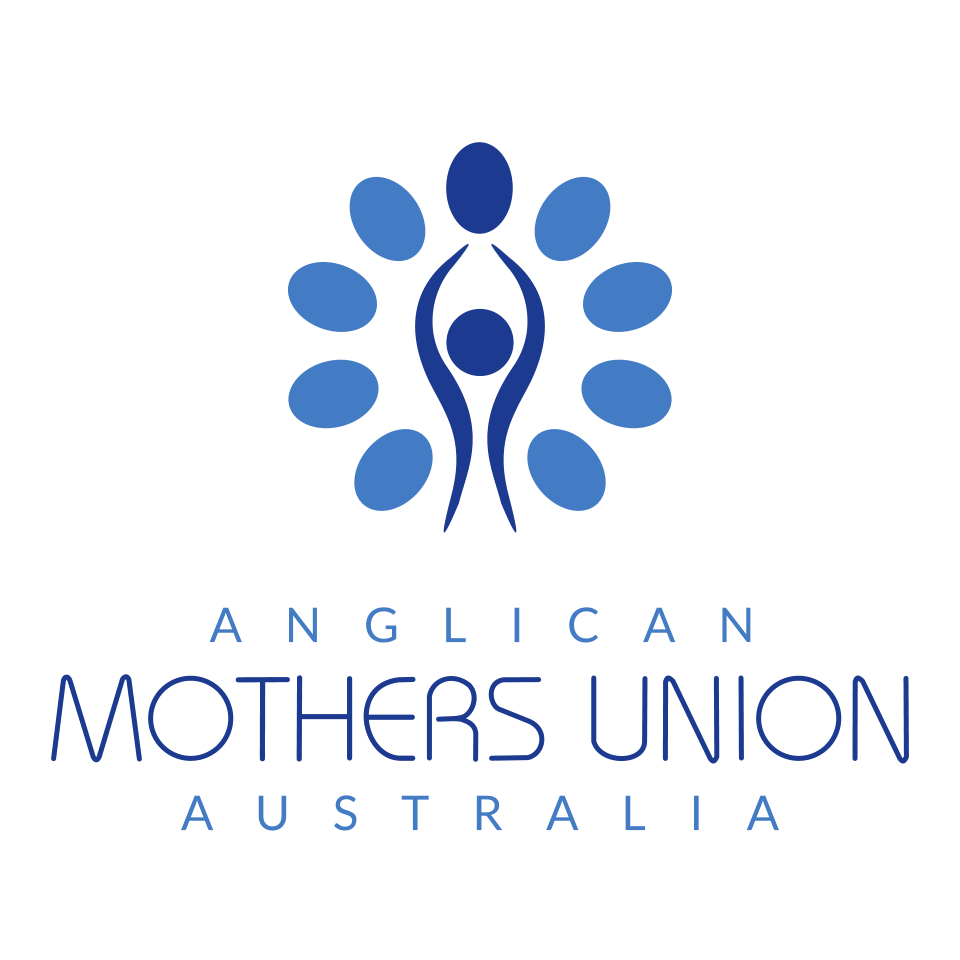 Logo of the Anglican Mothers Union Australia featuring a stylized figure with raised arms surrounded by blue oval shapes, with the organization's name below.
