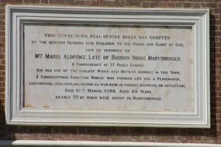 Historical memorial plaque honoring Maria Alfordice at Baddow House, Maryborough, built by Reverend and Children of St. Paul's Church, commemorating her life and service, aged 65.
