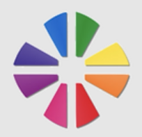A circular arrangement of colorful, wedge-shaped segments in blue, green, yellow, orange, pink, purple, and violet.