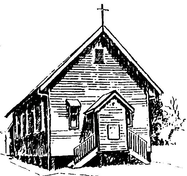 Black and white line drawing of a church with a cross on top, a front porch with stairs, and small window