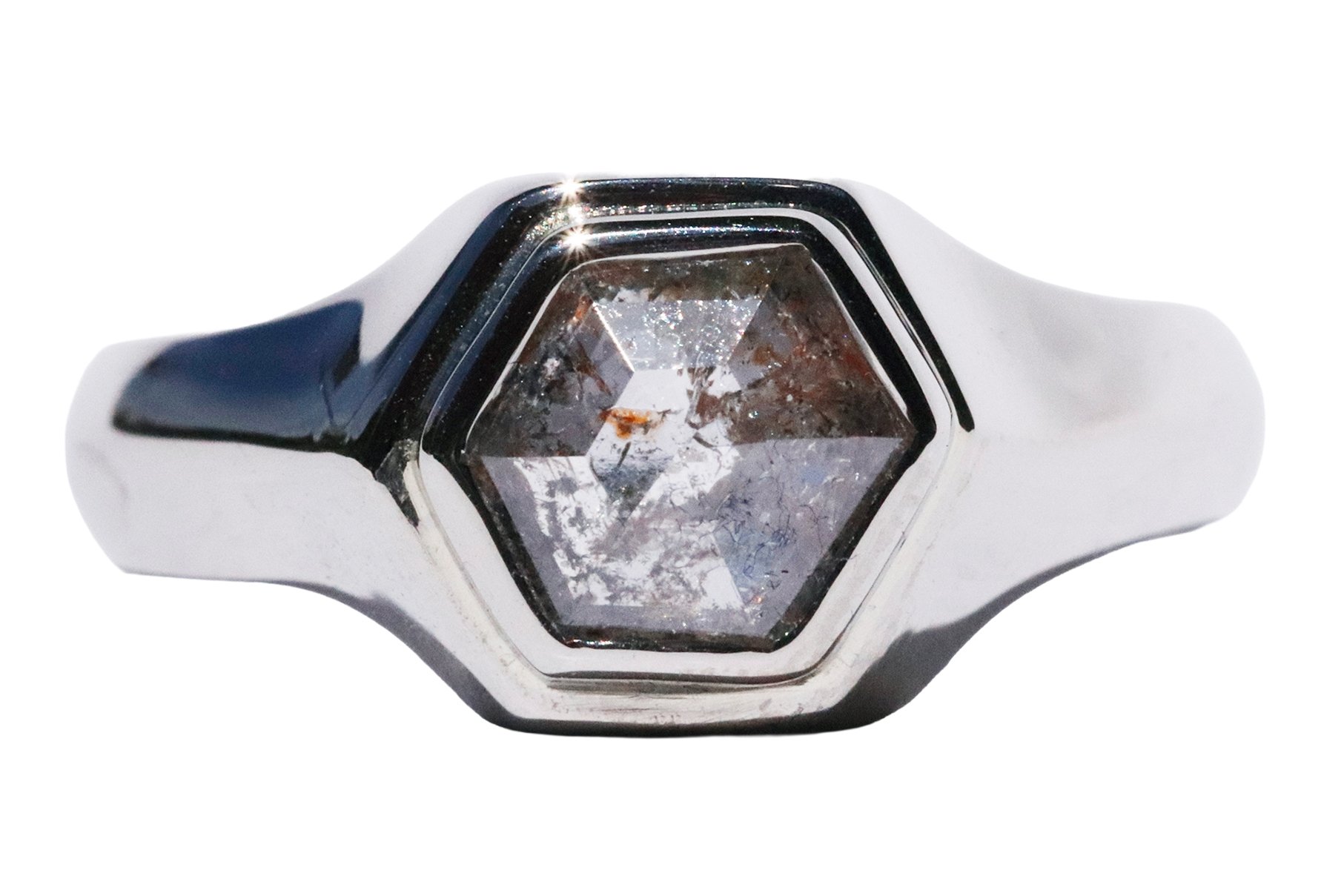 1.33 Carat Rustic Hexagon Diamond Signet Ring in White Gold