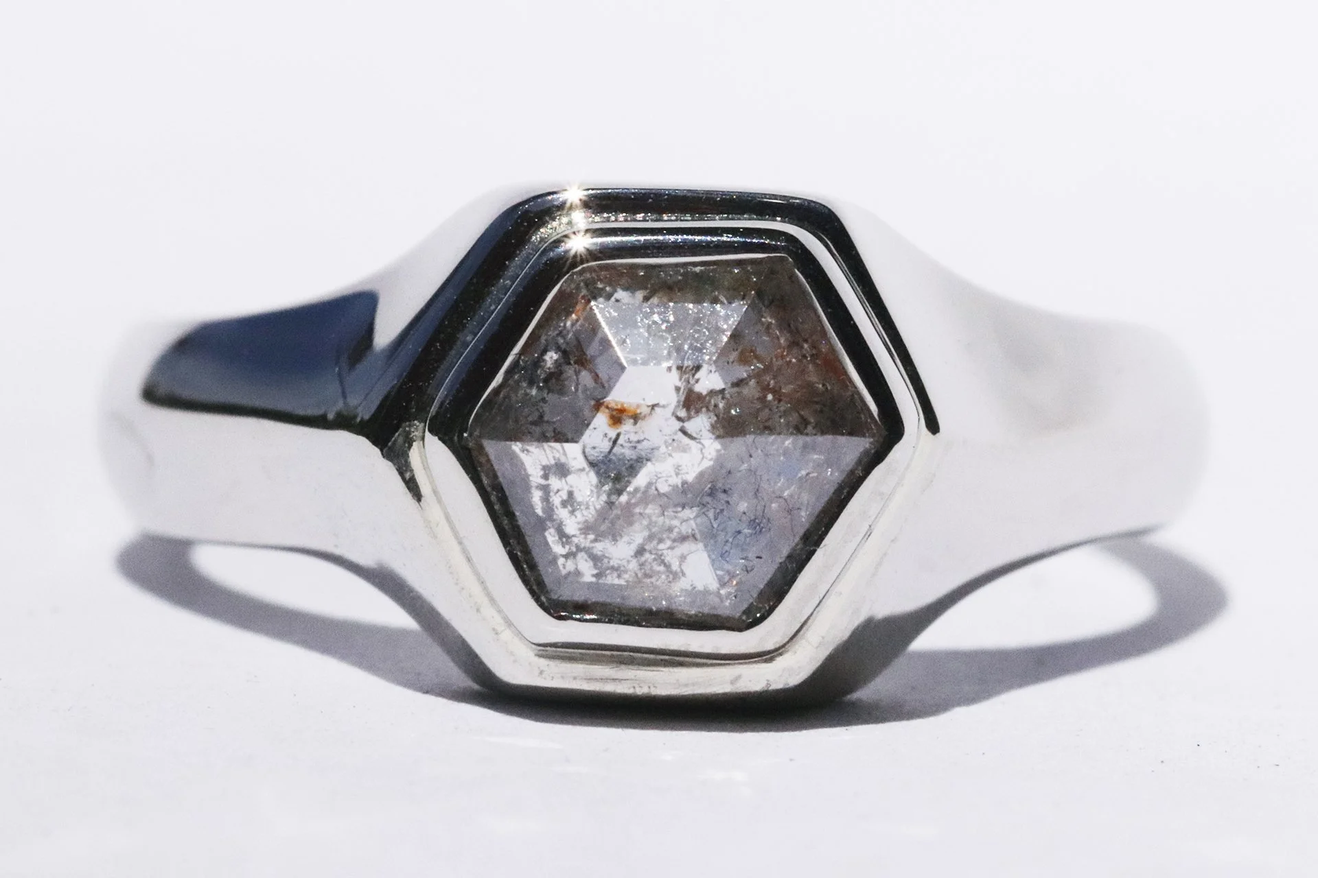 1.33 Carat Rustic Hexagon Diamond Signet Ring in White Gold