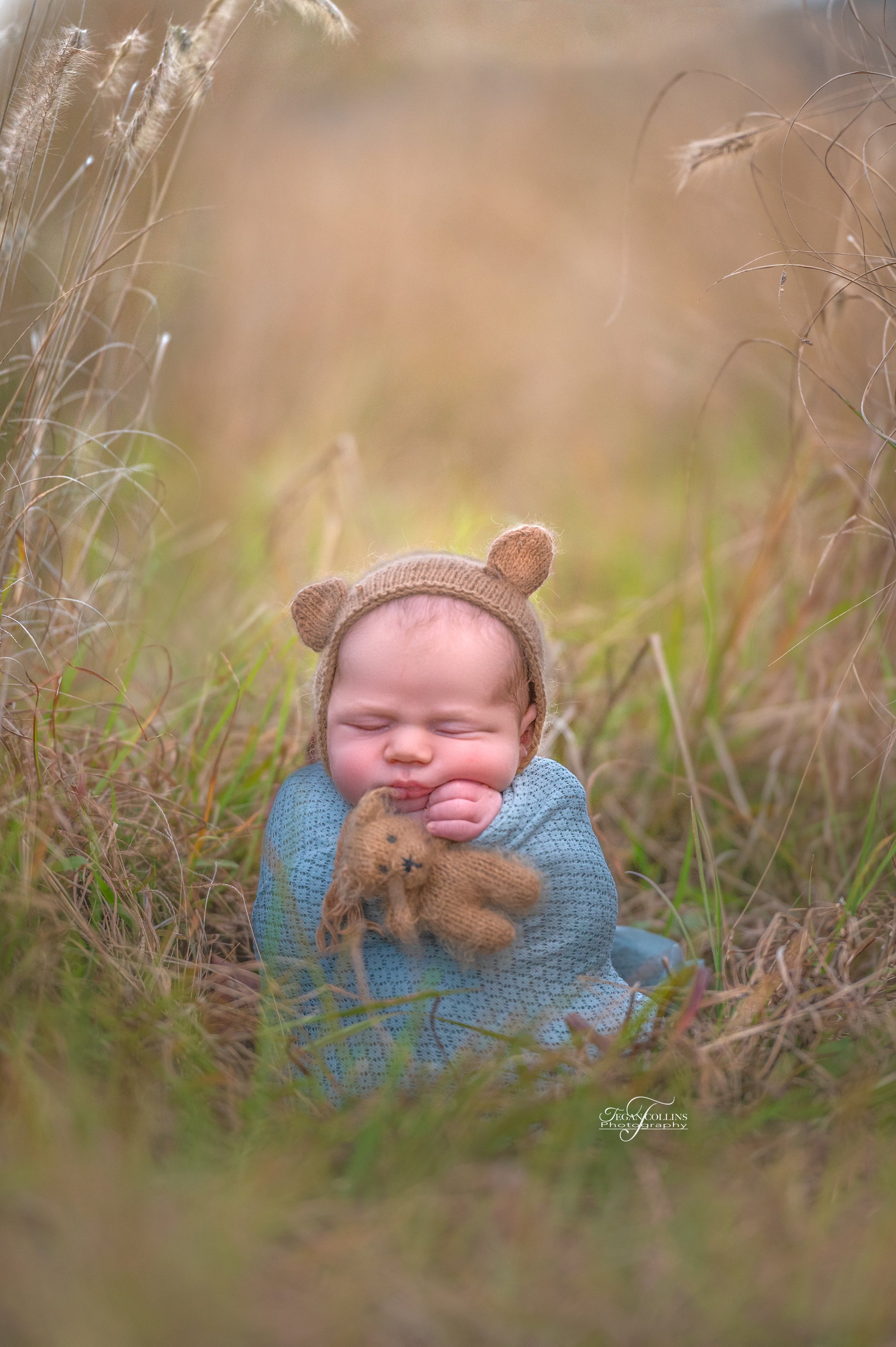 a newborn baby is wrapped and in a standing up pose holding a teddybear and wears a teddybear bonnet