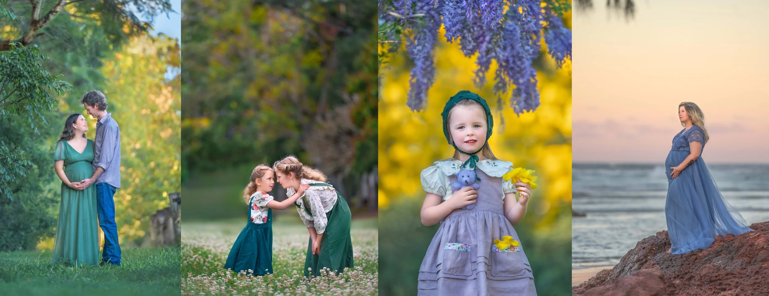 A collage of four photos featuring women and children in outdoor settings. The first photo shows a pregnant woman and a man gazing at each other in a green park. The second photo depicts two young girls whispering to each other in a grassy, flower-filled area. The third photo is of a young girl wearing a bonnet, holding flowers, with a purple flowering tree in the background. The fourth photo features a pregnant woman in a blue dress standing on rocks by the beach at sunset.