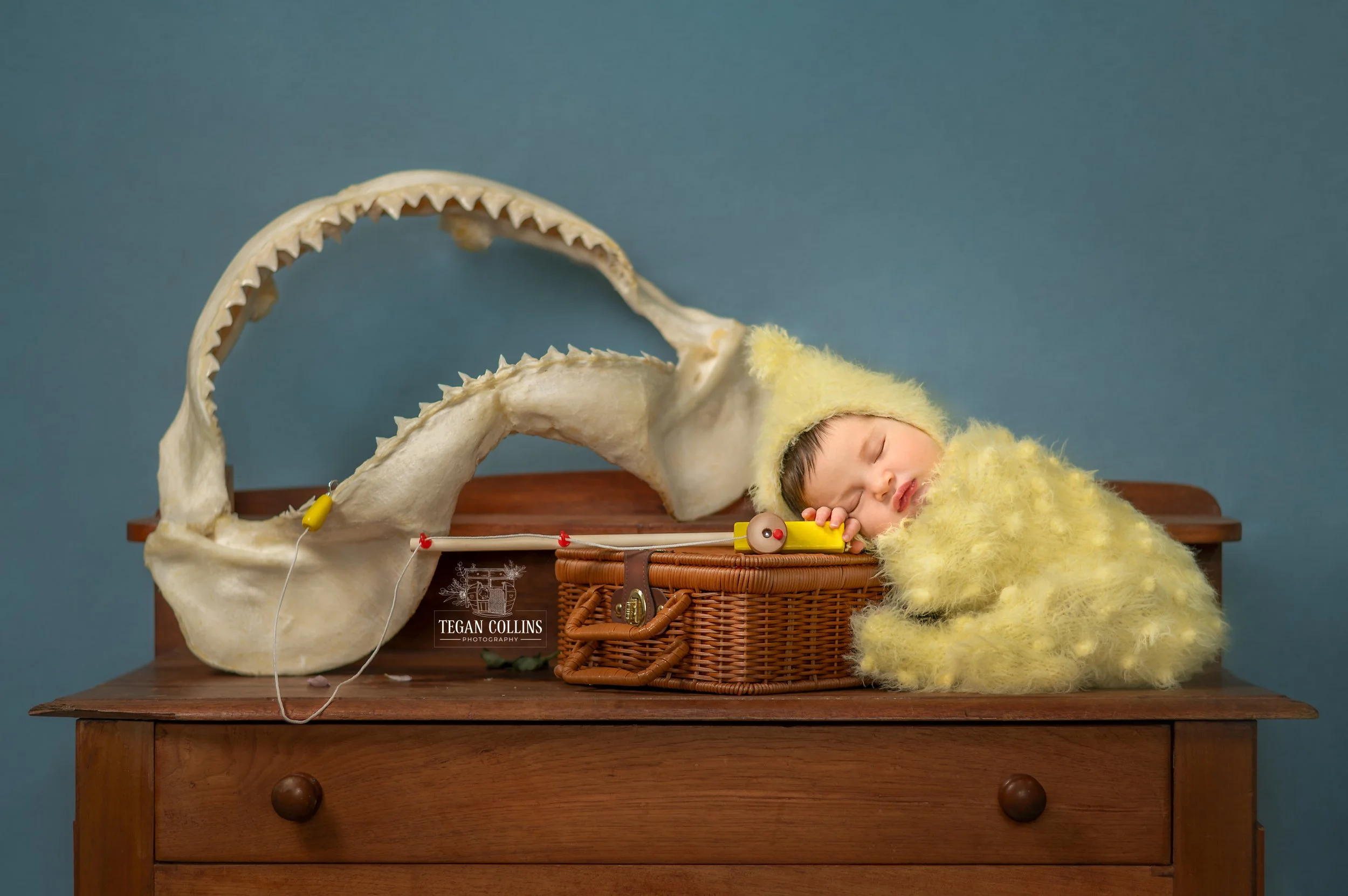 A baby dressed in a fuzzy yellow costume sleeps on a wooden table next to a wicker basket. Behind the baby, there is a large bull shark jaw resting on the table against a blue wall.