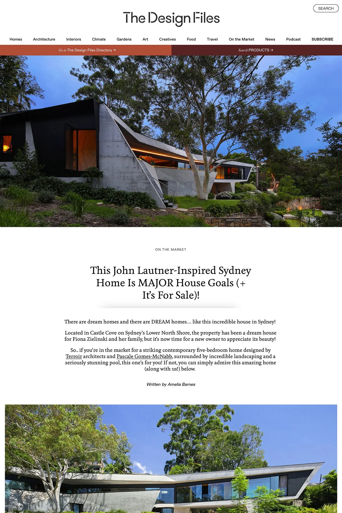 Modern house with angular design, concrete exterior, large windows, surrounded by trees and landscaped garden