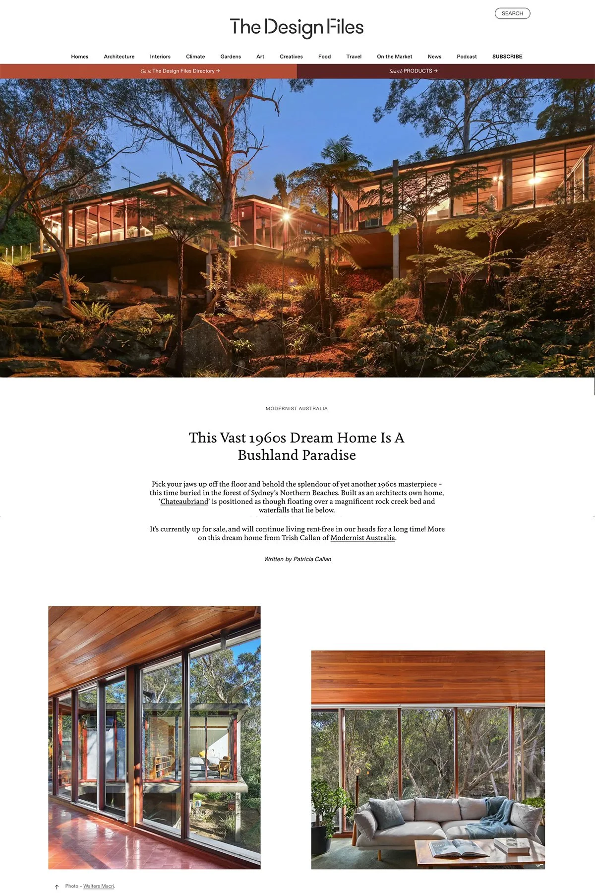 A modern Australian home built into a lush bushland setting, featuring extensive glass walls, a wooden interior ceiling, and outdoor views of trees and rocks.