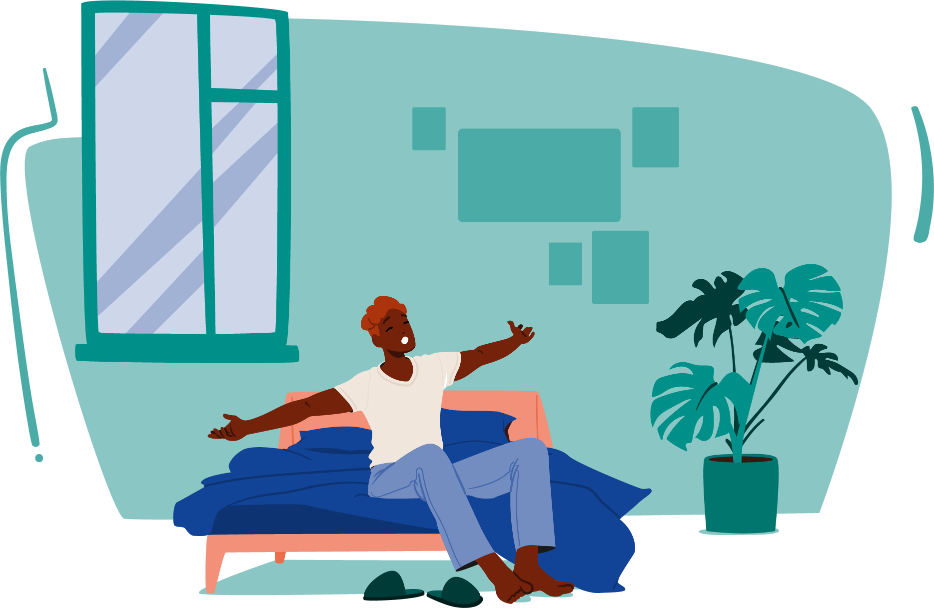 An illustration of a young man sitting on a bed, with his arms out stretched as he is waking up.