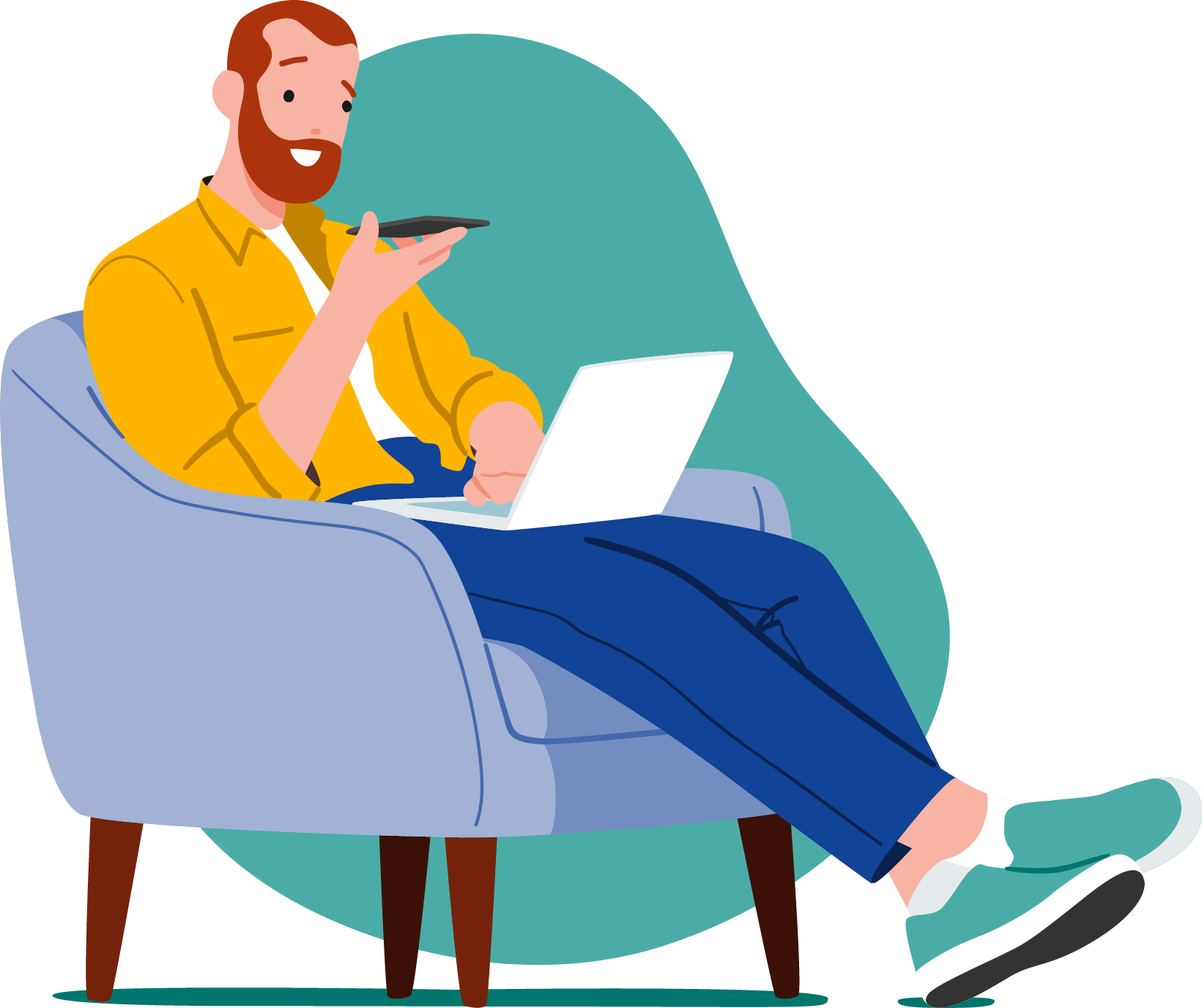 Man sitting on a couch with a laptop on his lap talking on a phone with a smile