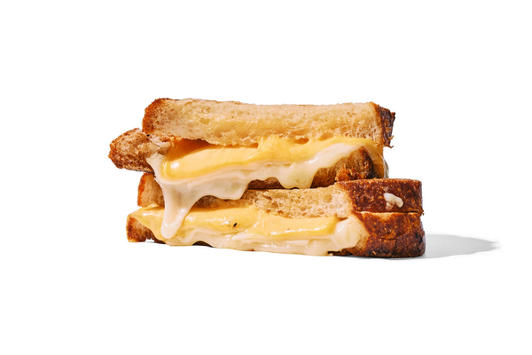 Close-up of a grilled cheese sandwich with melted cheese between two toasted bread slices