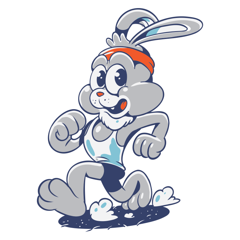 Animated gray cartoon rabbit jogging with a blue and white workout outfit and a red headband, on a black background.