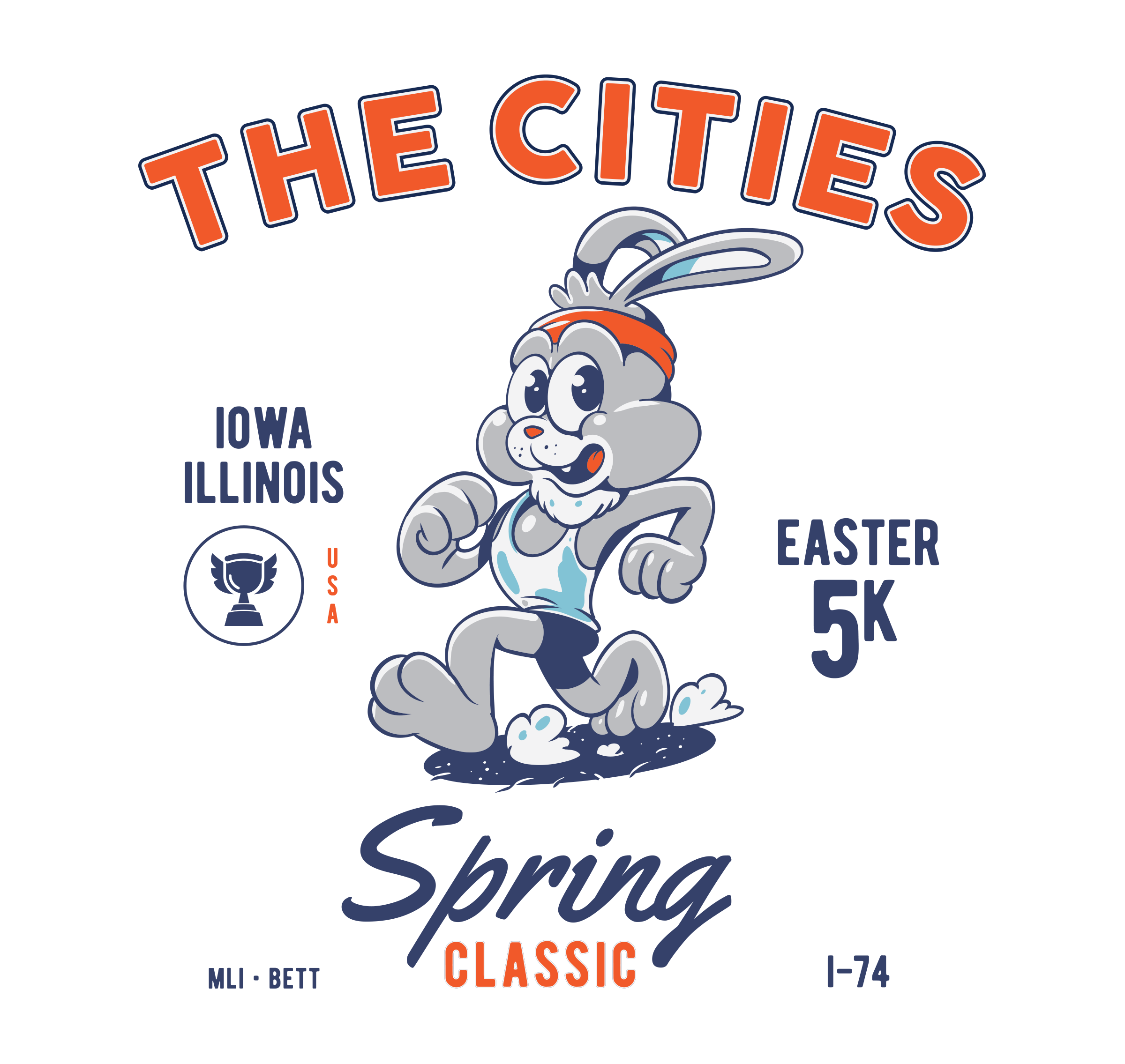 Design for the Spring Classic Easter 5K race featuring a cartoon rabbit in running pose wearing a red headband, with bold event details including locations Iowa and Illinois, and the words Spring Classic.