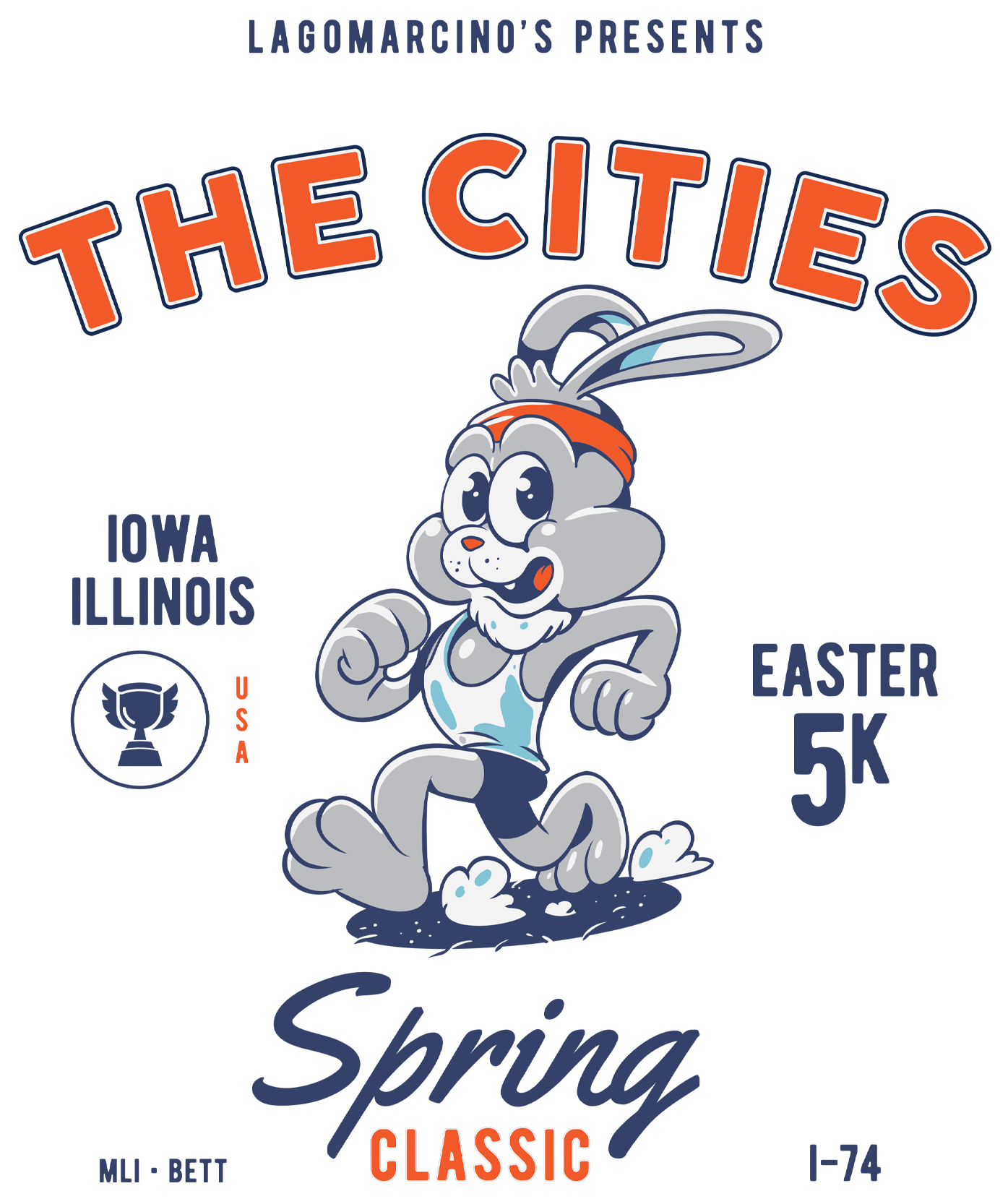 A vintage cartoon-style mascot bunny wearing an athletic tank top, headband, and sneakers, running with a big smile. The background is dark blue with red text reading 'The Cities' at the top and 'Classic' at the bottom, featuring a small orange silhouette of the state of Rhode Island.