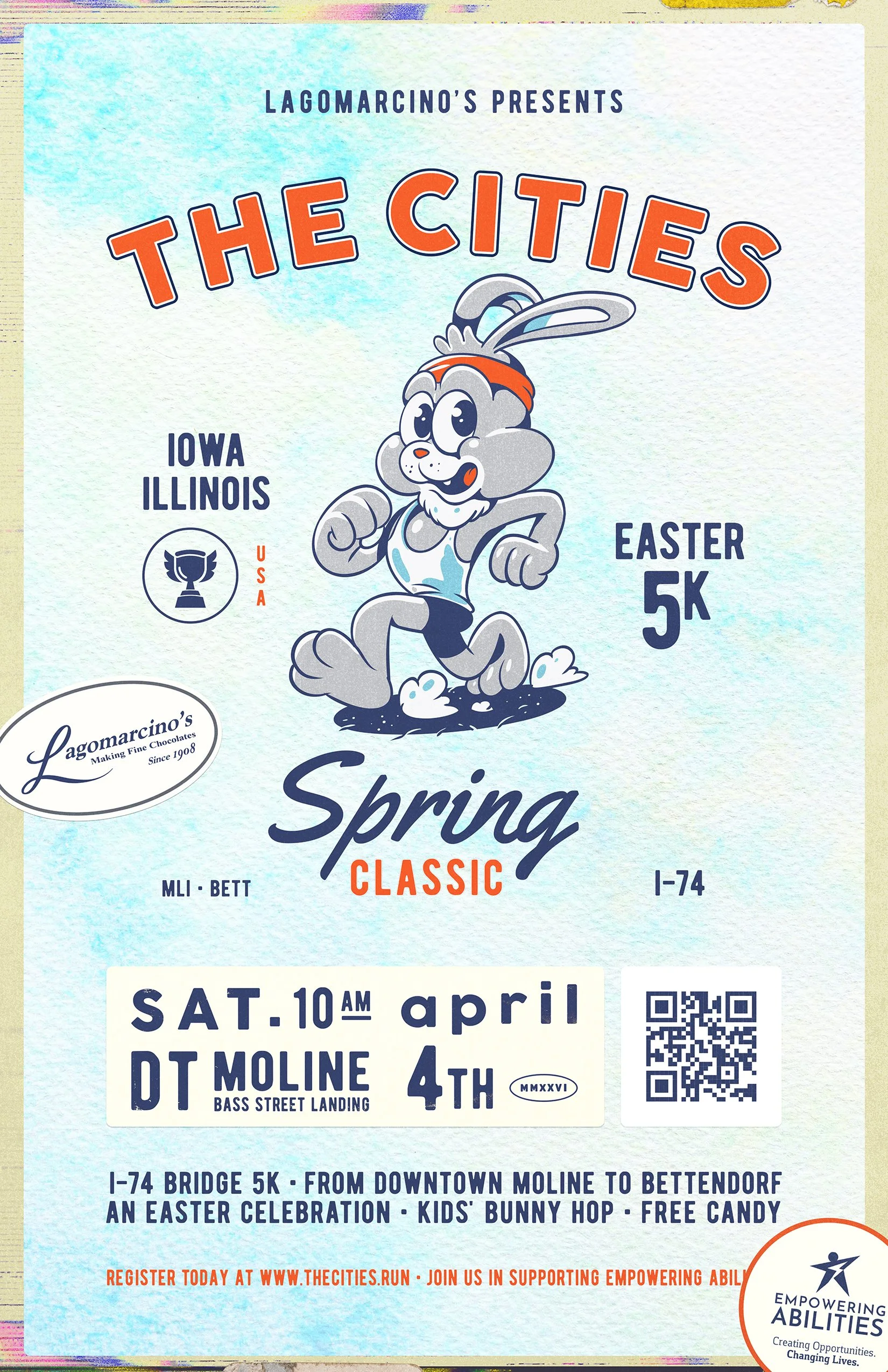 Flyer for 'The Cities' Spring Classic 5K race with a cartoon rabbit in running pose, event details, location, date, and sponsor logos.