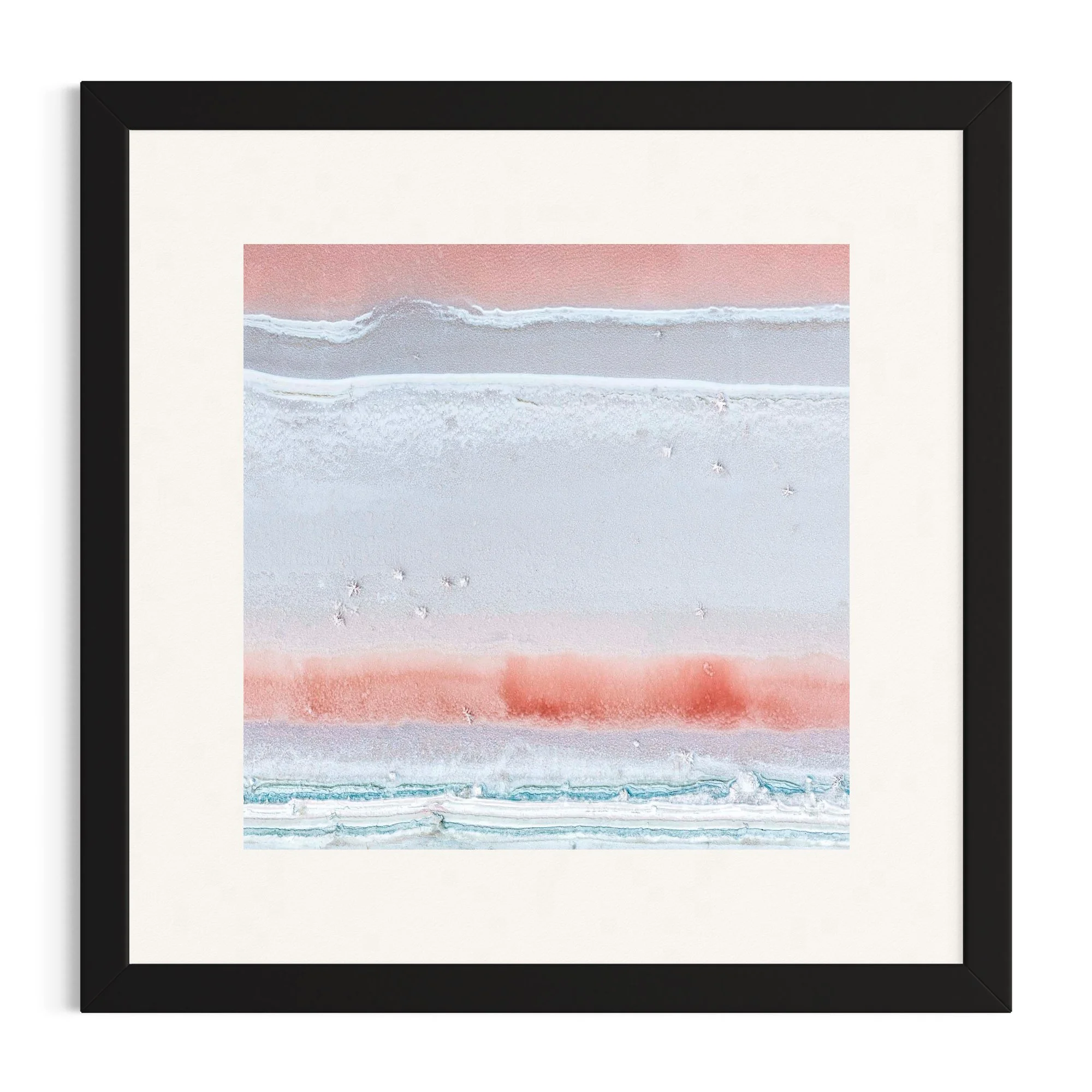 Aerial fine art photograph of the Port Alma salt ponds in Central Queensland, featuring delicate salt crystals forming abstract patterns in soft blush pink, white and turquoise mineral pools.