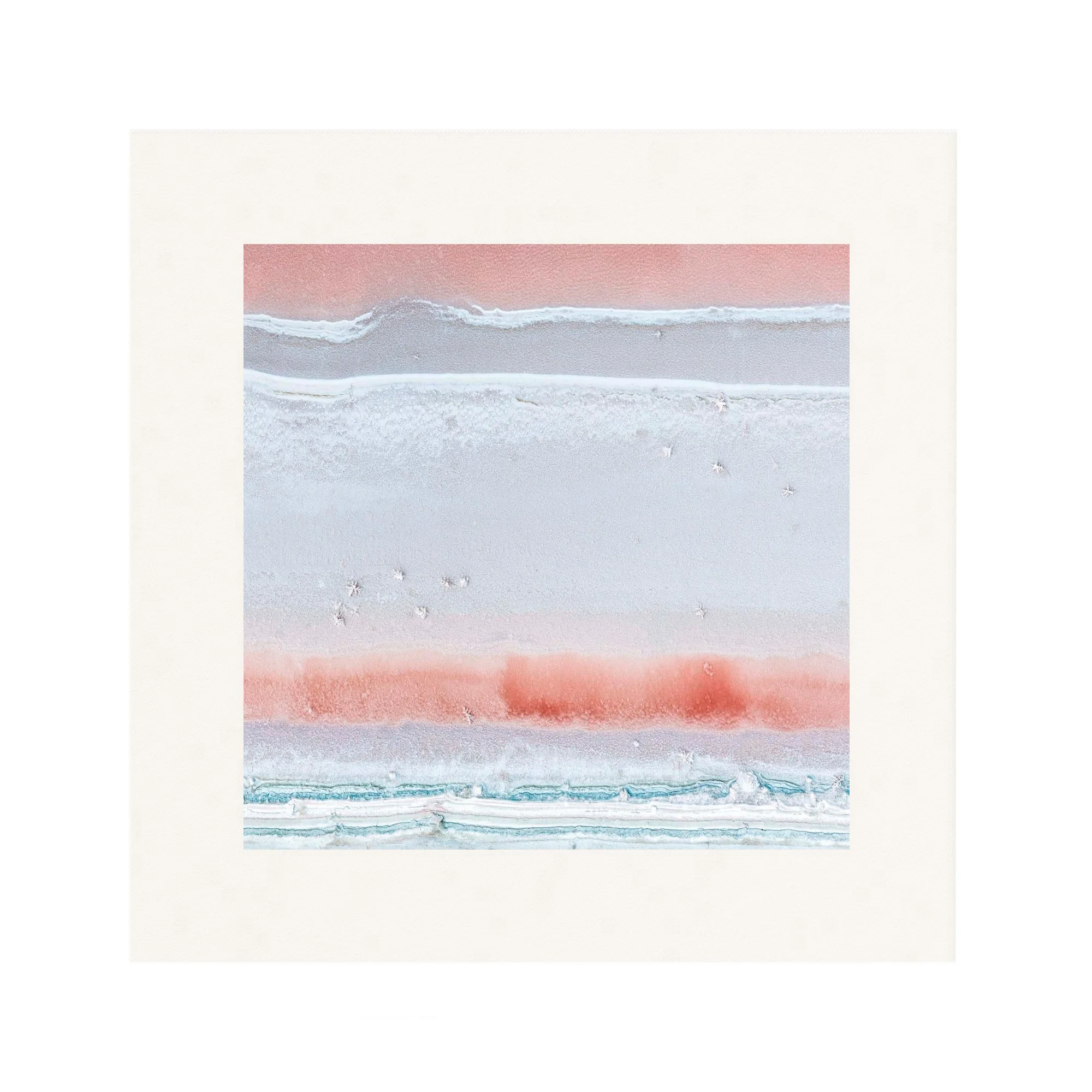 Aerial fine art photograph of the Port Alma salt ponds in Central Queensland, featuring delicate salt crystals forming abstract patterns in soft blush pink, white and turquoise mineral pools.